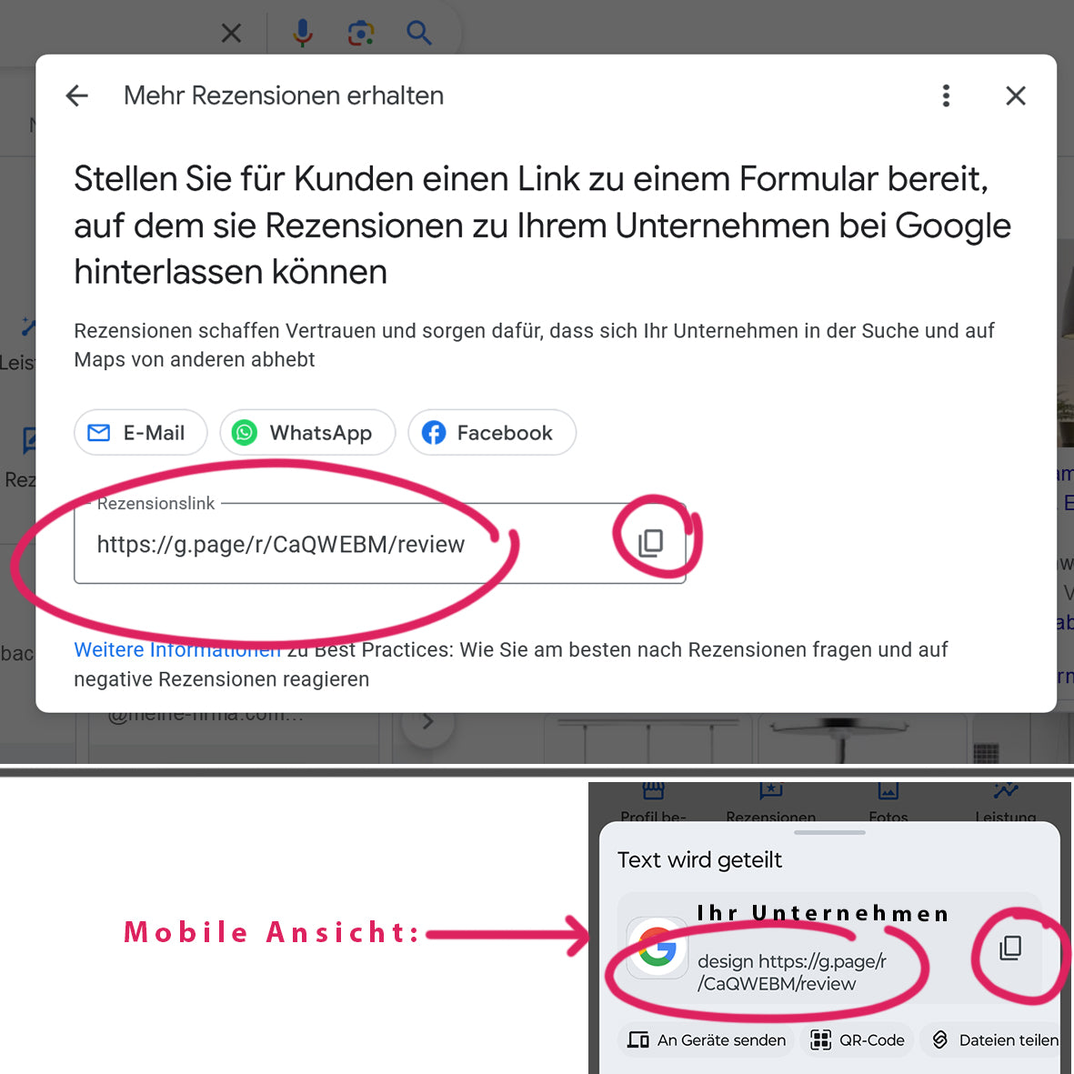 Anleitung, wie Sie den Link zu Ihrem Google Bewertungsprofil ermitteln. Dieser wird auf dem brique Google Bewertung Aufsteller (NFC) Aufsteller abgespeichert.