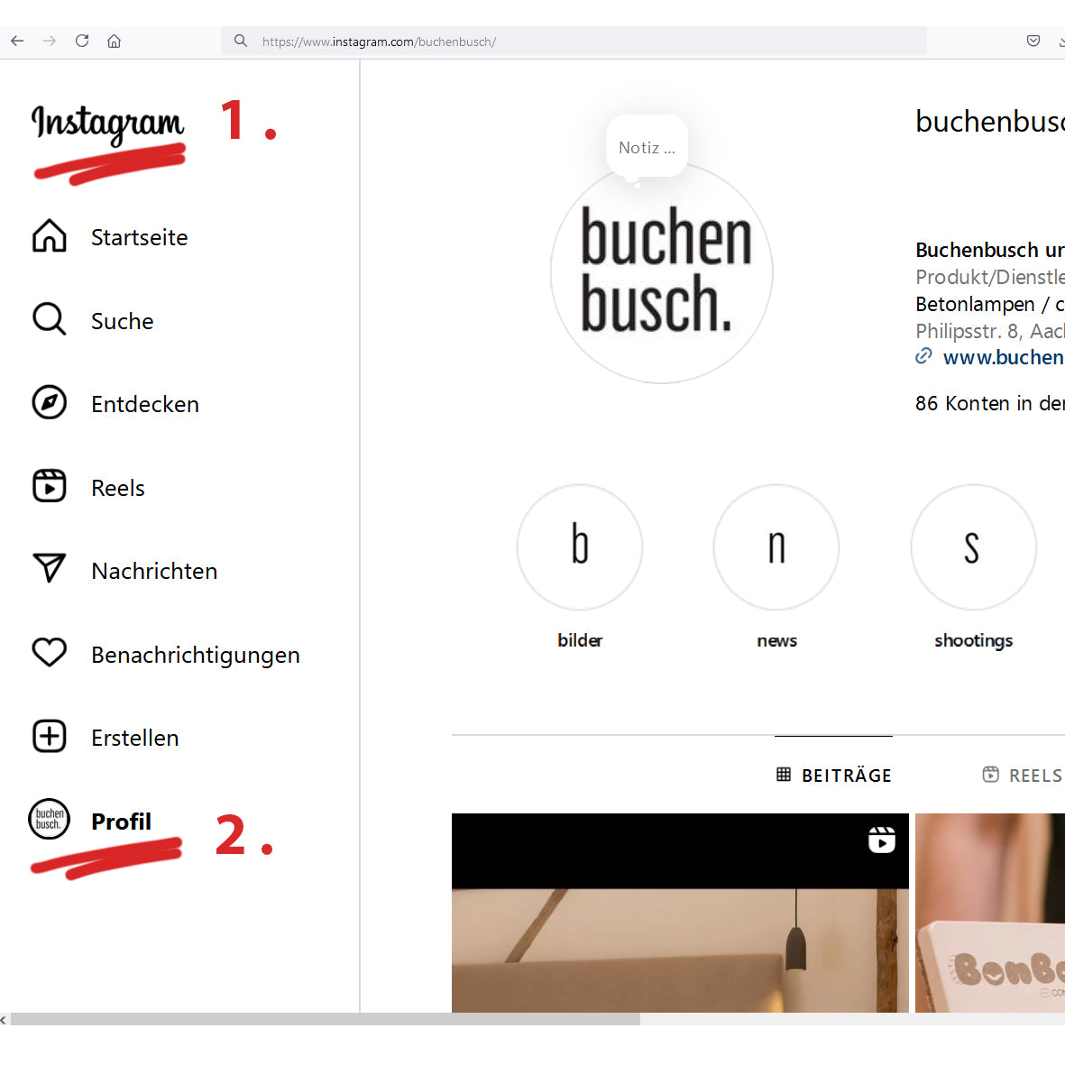 Anleitung, wie Sie den Link zu Ihrem Instagram Profil (mobil) ermitteln. Dieser wird auf dem brique NFC Aufsteller abgespeichert.