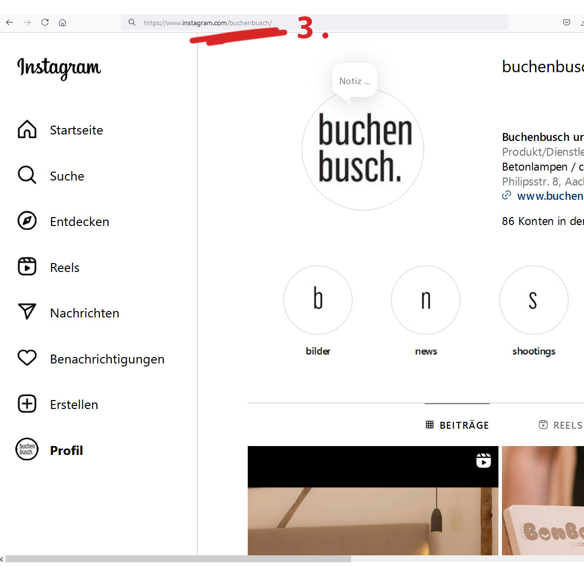 Anleitung, wie Sie den Link zu Ihrem Instagram Profil (mobil) ermitteln. Dieser wird auf dem brique NFC Aufsteller abgespeichert.