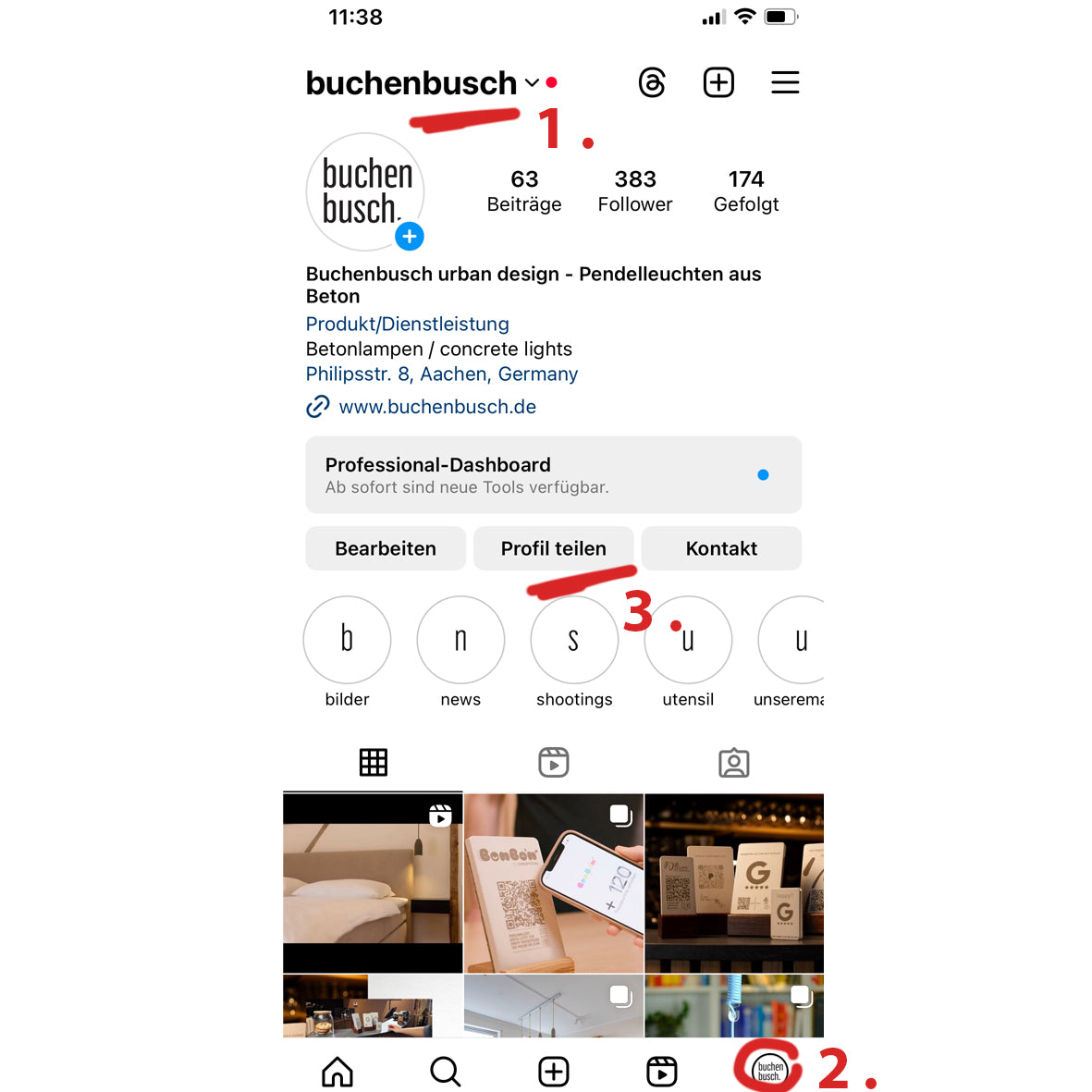 Anleitung, wie Sie den Link zu Ihrem Instagram Profil (mobil) ermitteln. Dieser wird auf dem brique NFC Aufsteller abgespeichert.