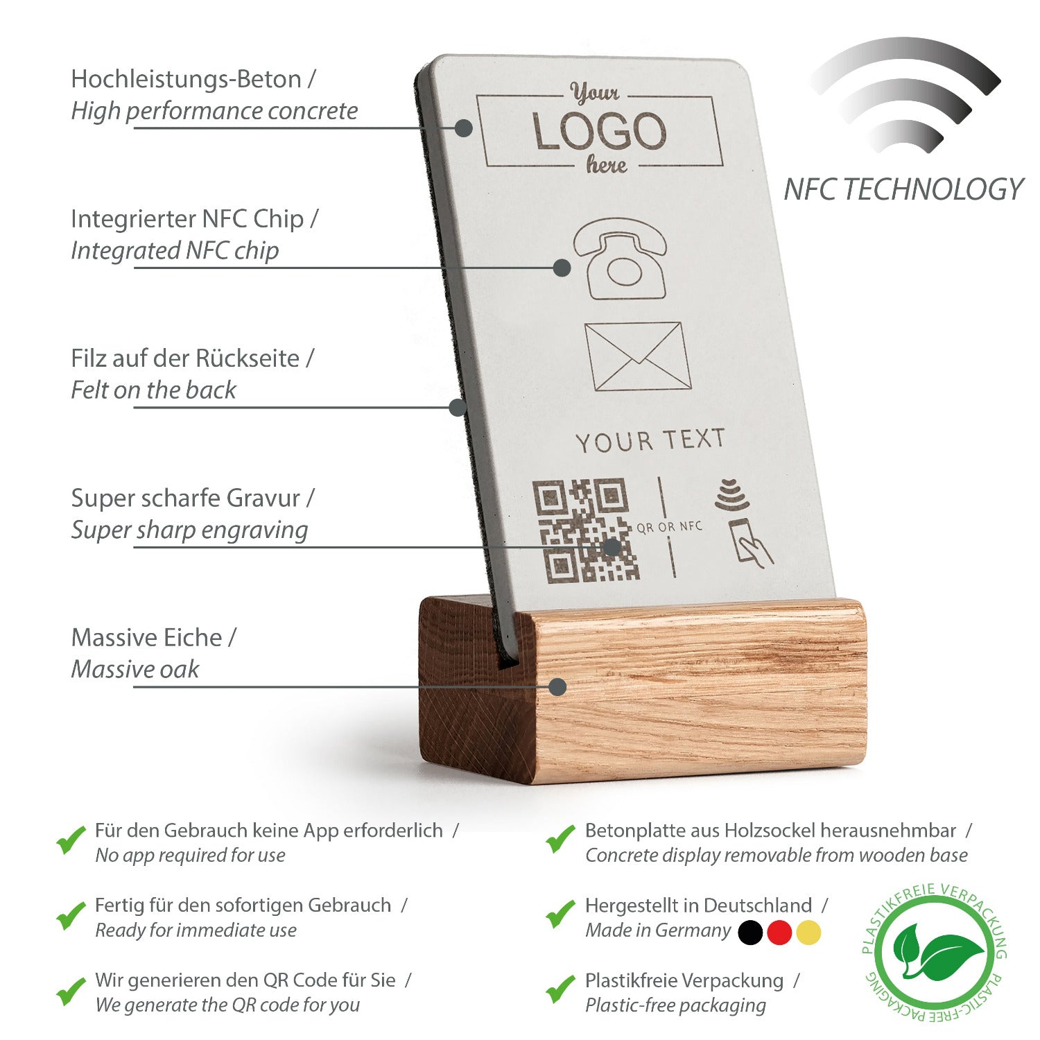 Umfassende Produktübersicht über die Eigenschaften des NFC Aufstellers von brique, dem Marketingtool aus Beton und Eiche.