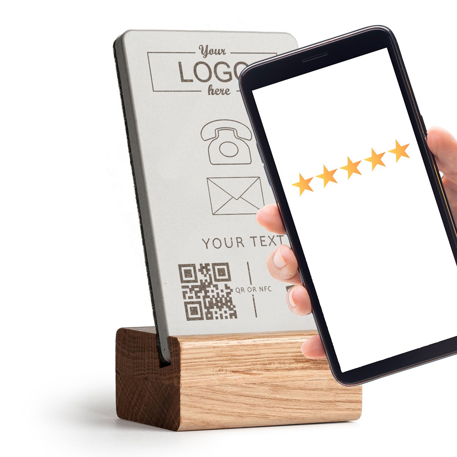 Halten Sie Ihr Handy an den NFC Aufsteller, sofort öffnet sich Ihre digitale Visitenkarte. Der Tischaufsteller ist mit Ihrem Logo individualisierbar.