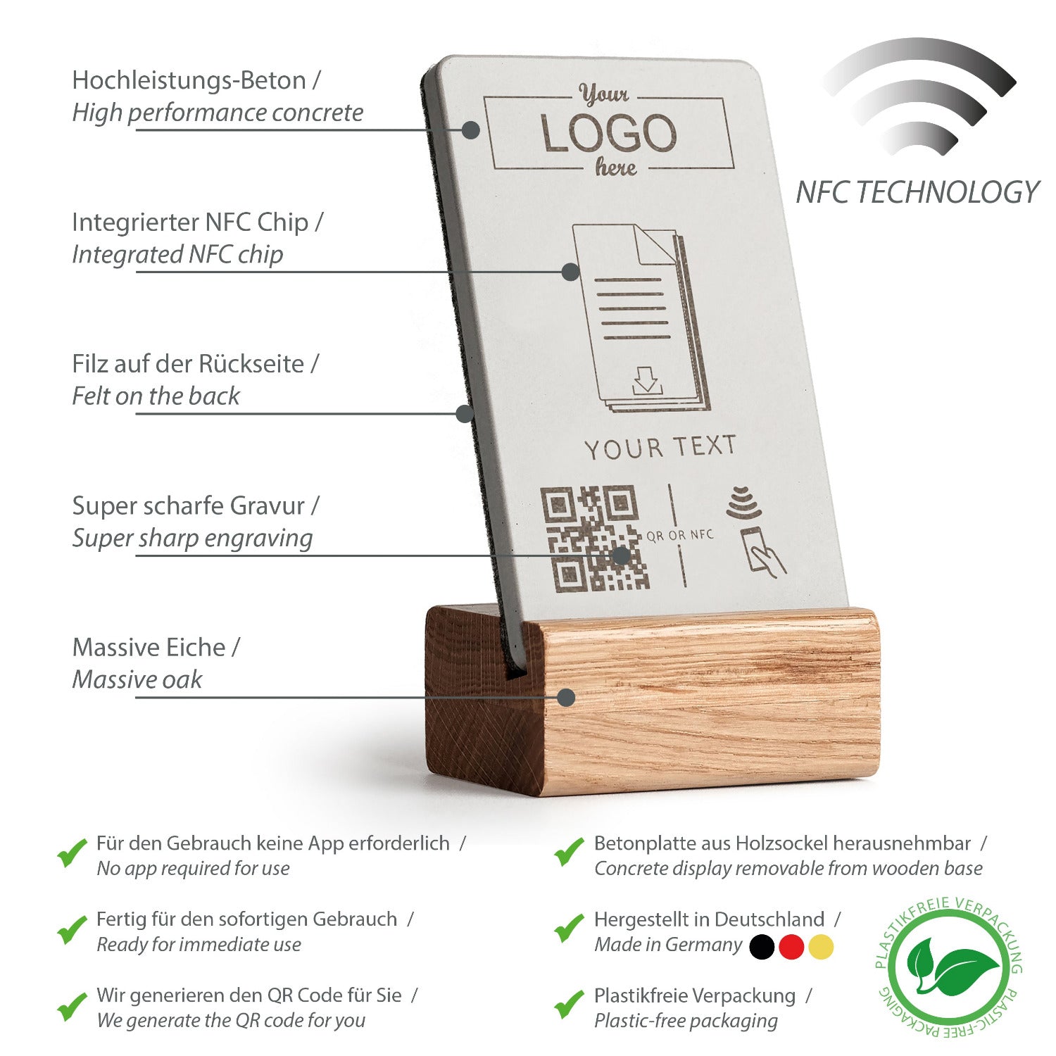 Umfassende Produktübersicht über die Eigenschaften des NFC Aufstellers von brique, dem Marketingtool aus Beton und Eiche.