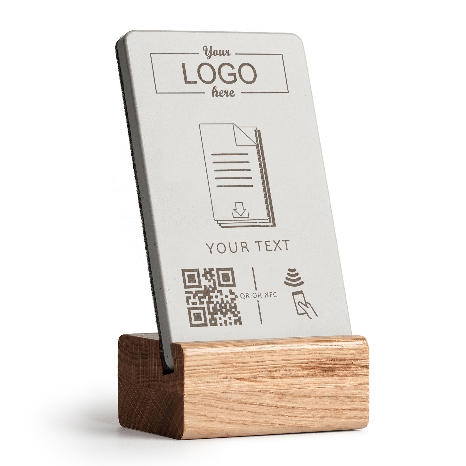 brique NFC Aufsteller mit QR Code Download mit Holzfuß aus heller Eiche. Personalisierbar mit Ihrem Logo.