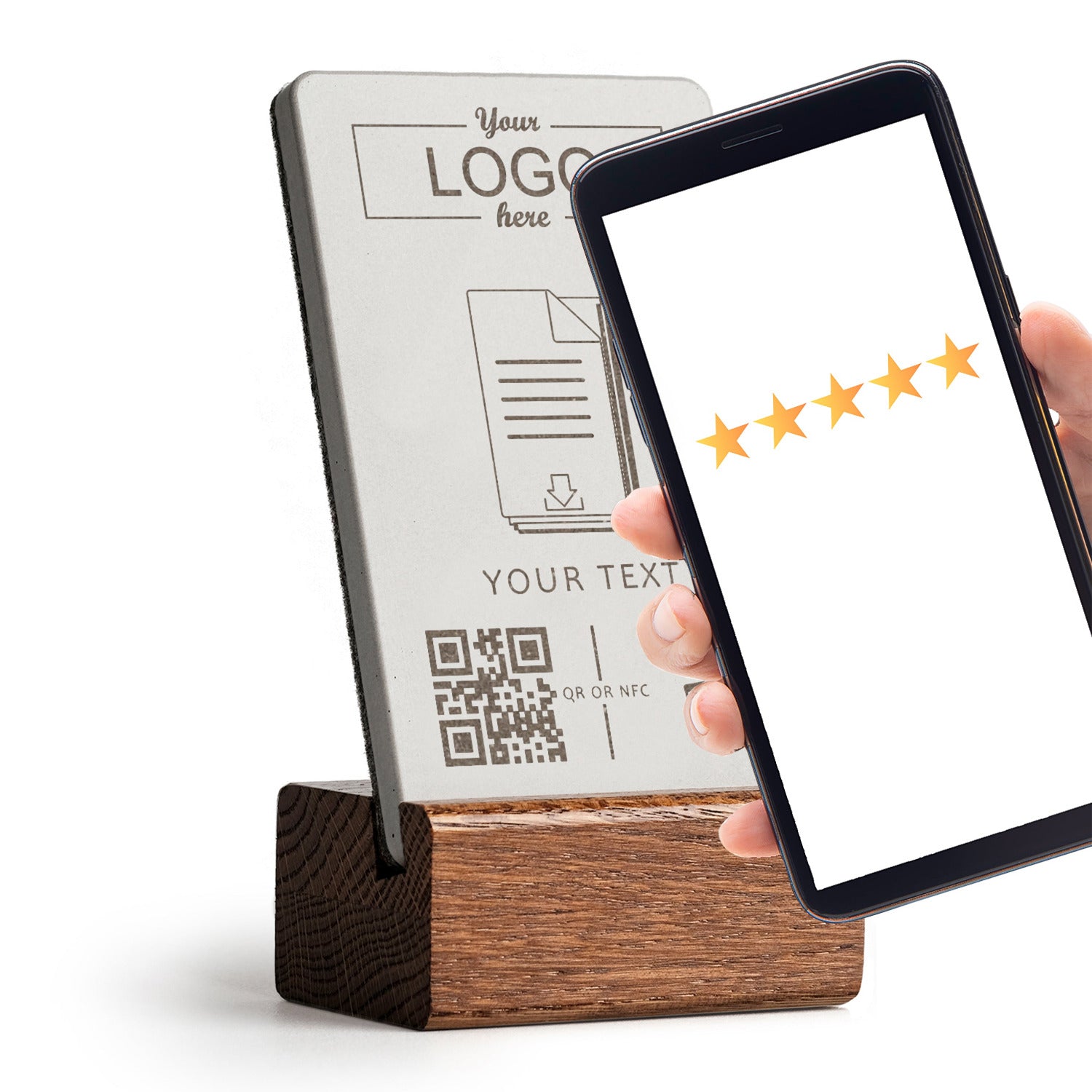 Ihr Smartphone an den brique NFC Aufsteller halten und unmittelbar öffnet sich Ihr Download Link. Mit Holzfuß aus dunkler Eiche. Mit Logo personalisierbar.