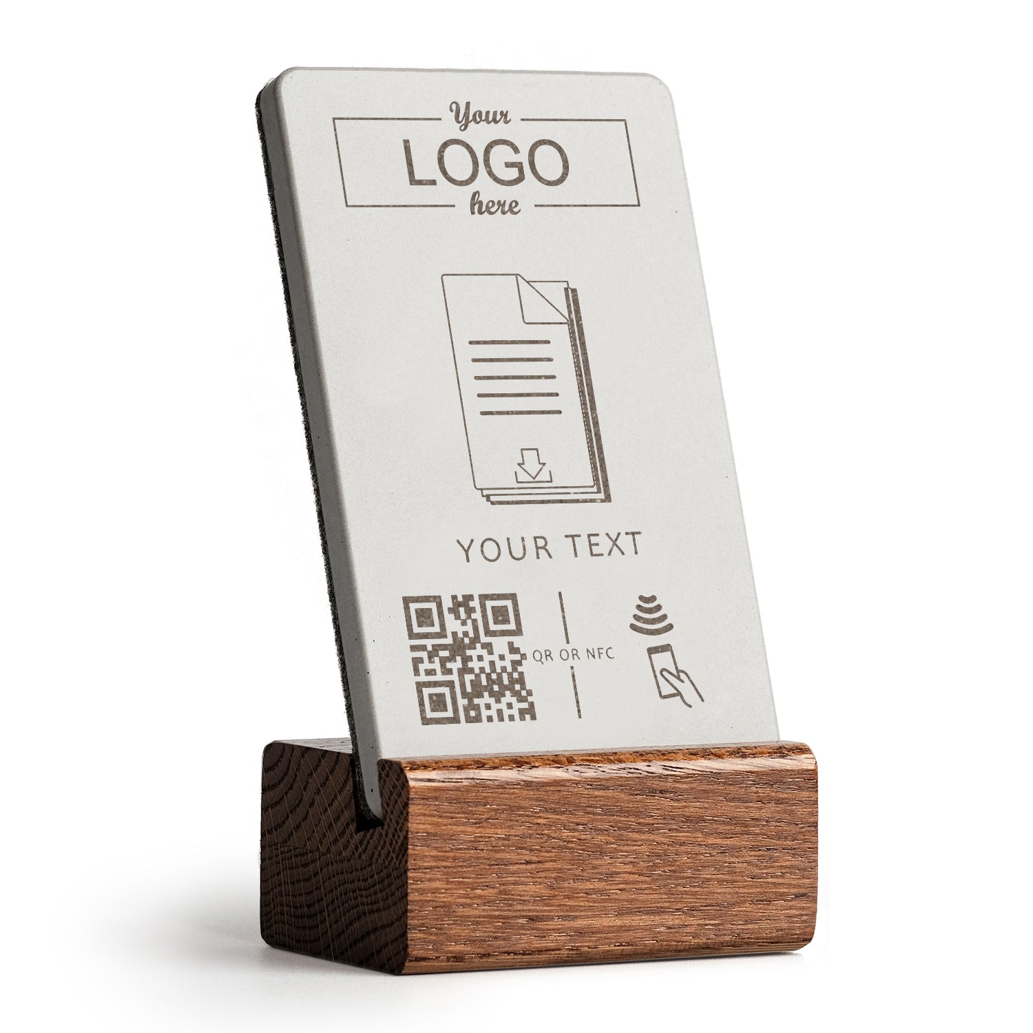 brique NFC Aufsteller mit QR Code Download mit Holzfuß aus dunkler Eiche. Personalisierbar mit Ihrem Logo.