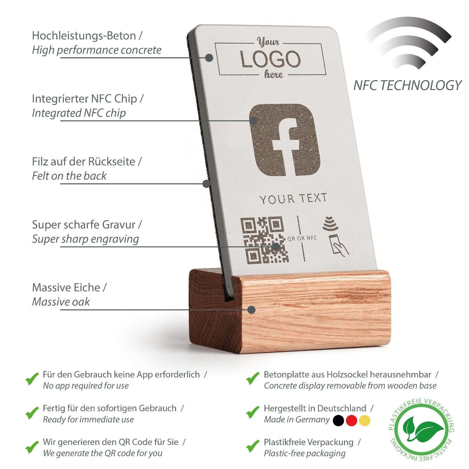 Umfassende Produktübersicht über die Eigenschaften des NFC Aufstellers von brique, dem Marketingtool aus Beton und Eiche.