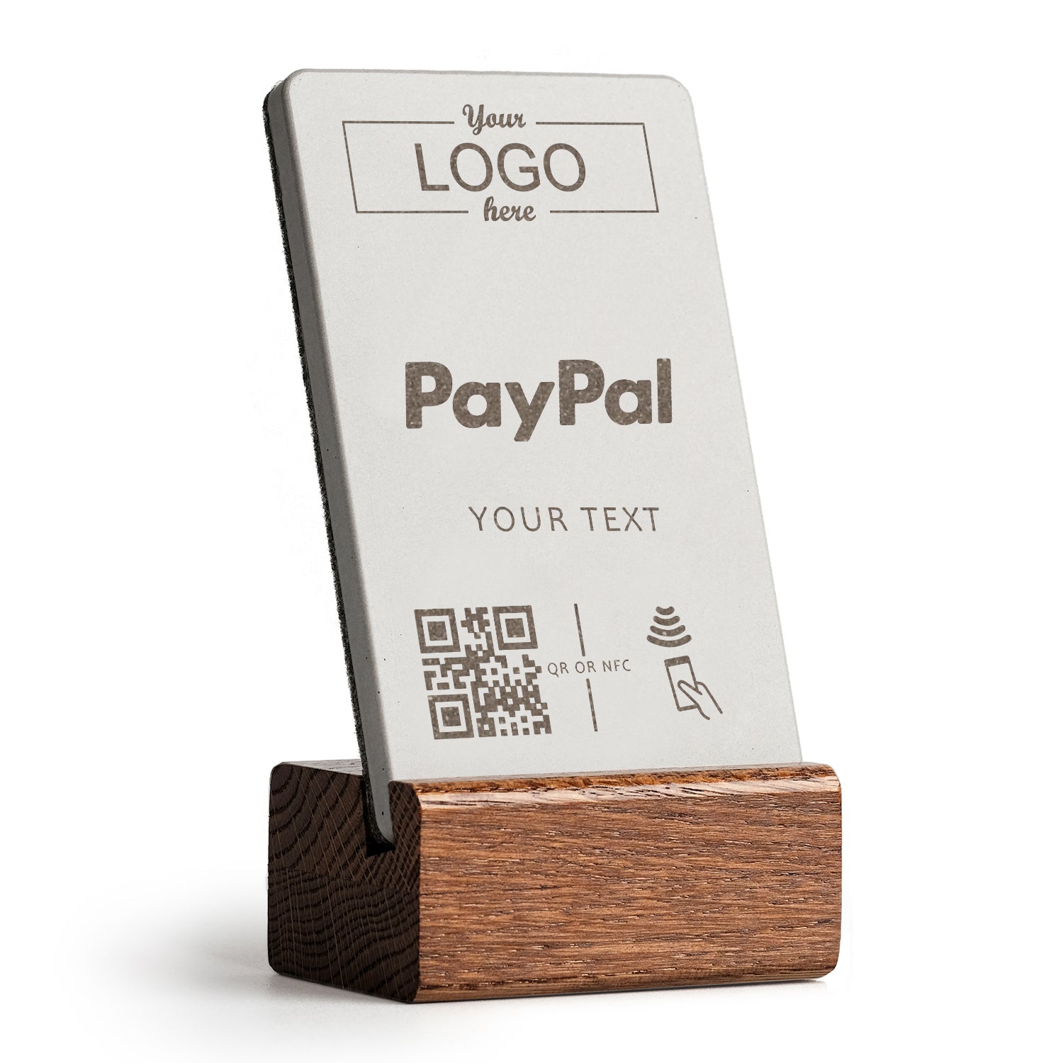 brique NFC Aufsteller mit QR Code PayPal mit Holzfuß aus dunkler Eiche. Personalisierbar mit Ihrem Logo.
