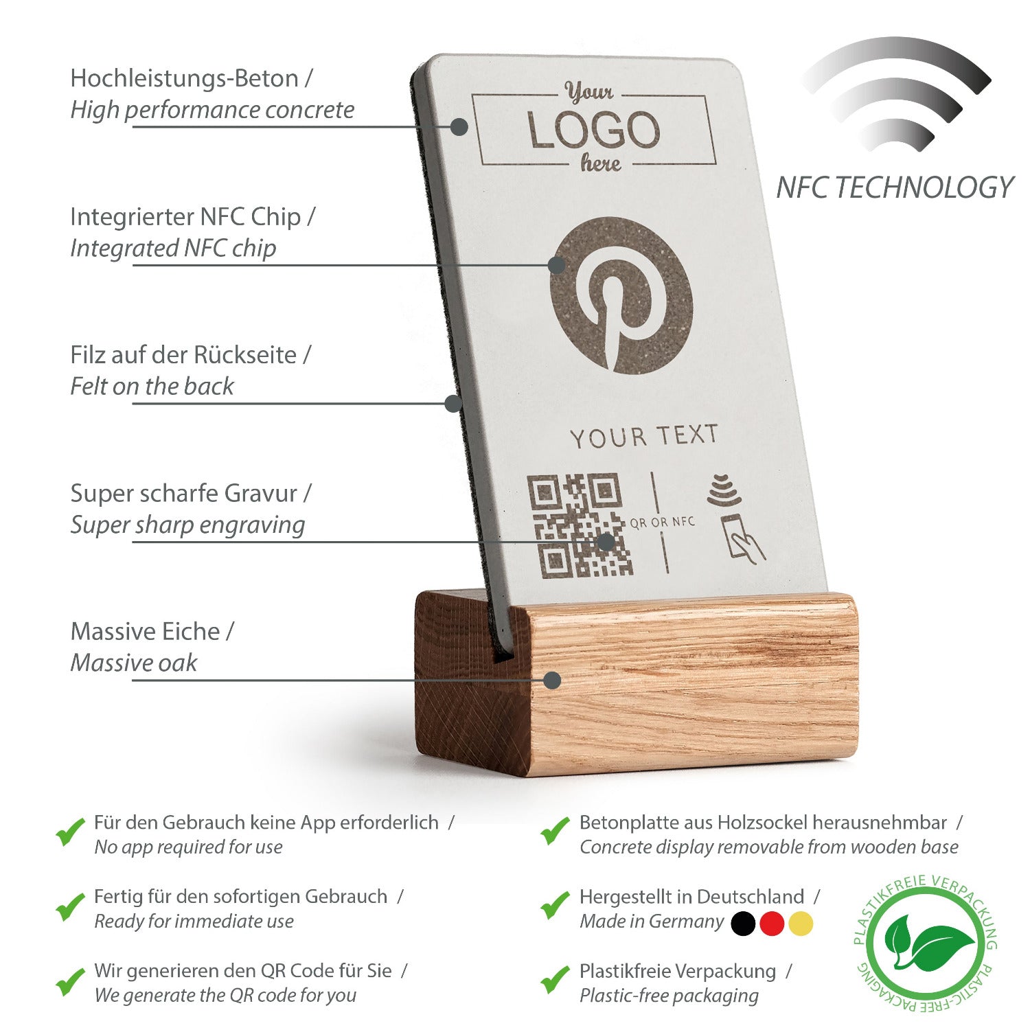 Umfassende Produktübersicht über die Eigenschaften des NFC Aufstellers von brique, dem Marketingtool aus Beton und Eiche.