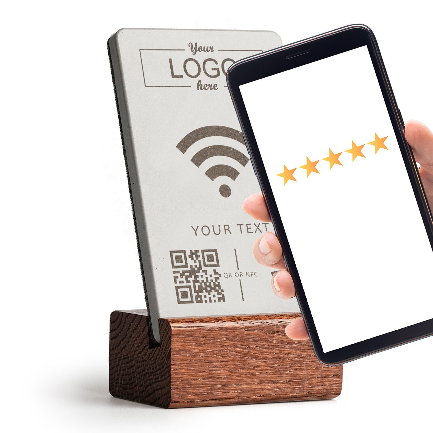 Ihr Smartphone an den brique NFC Aufsteller halten und unmittelbar öffnet sich Ihr WLAN Zugang. Mit Holzfuß aus dunkler Eiche. Logo integrierbar.