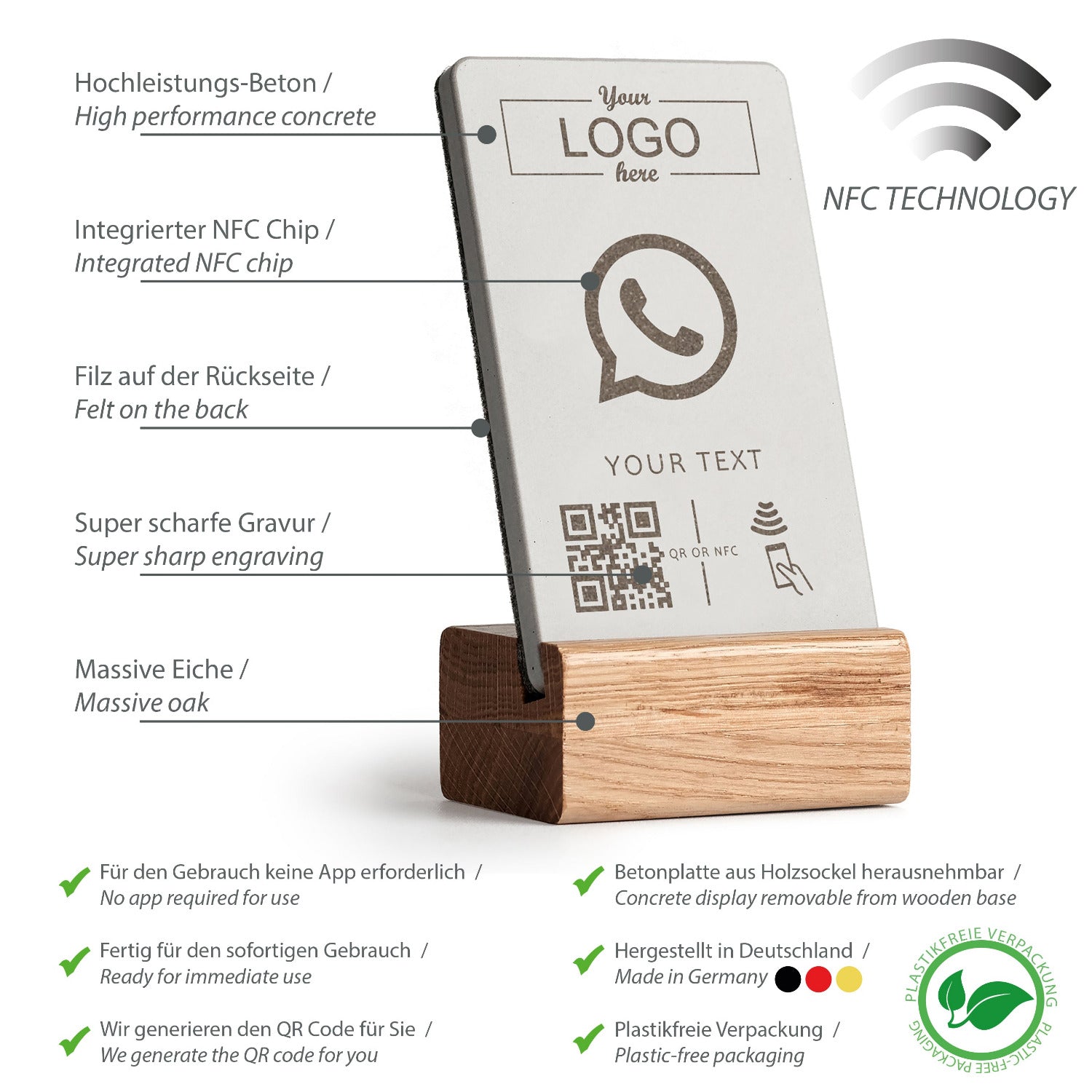 Umfassende Produktübersicht über die Eigenschaften des NFC Aufstellers von brique, dem Marketingtool aus Beton und Eiche.