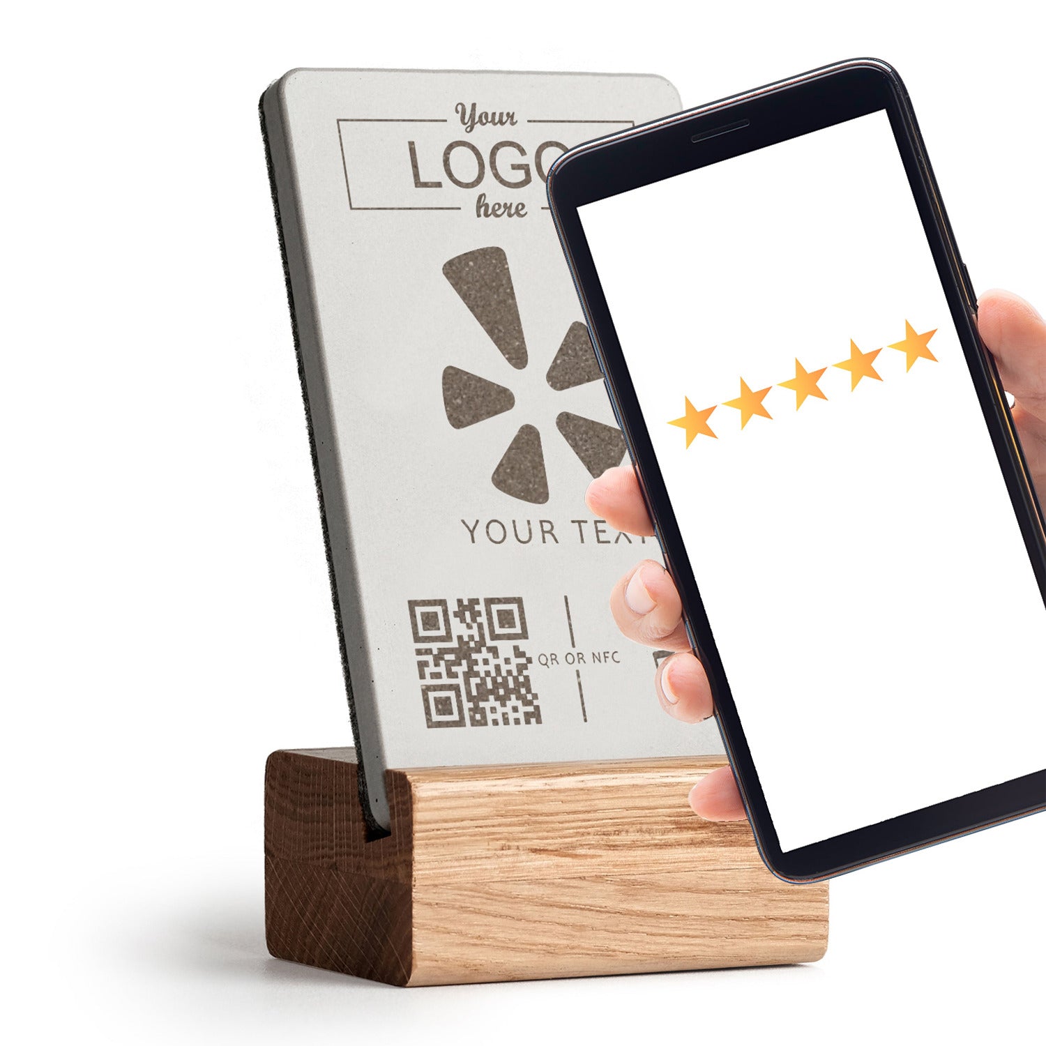 Ihr Smartphone an den brique NFC Aufsteller halten und unmittelbar öffnet sich Ihr Yelp Profil. Mit Holzfuß aus heller Eiche. Logo integrierbar.