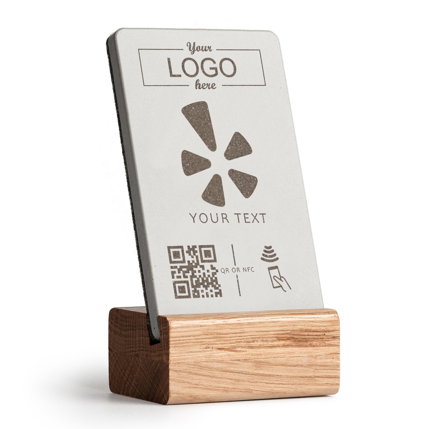 brique NFC Aufsteller mit QR Code Yelp mit Holzfuß aus heller Eiche. Personalisierbar mit Ihrem Logo.