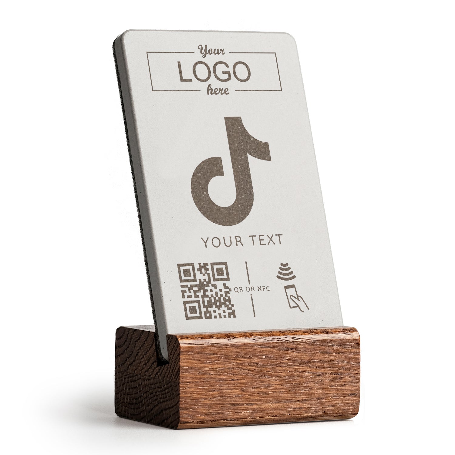 brique NFC Aufsteller mit QR Code tiktok mit Holzfuß aus dunkler Eiche. Personalisierbar mit Ihrem Logo.