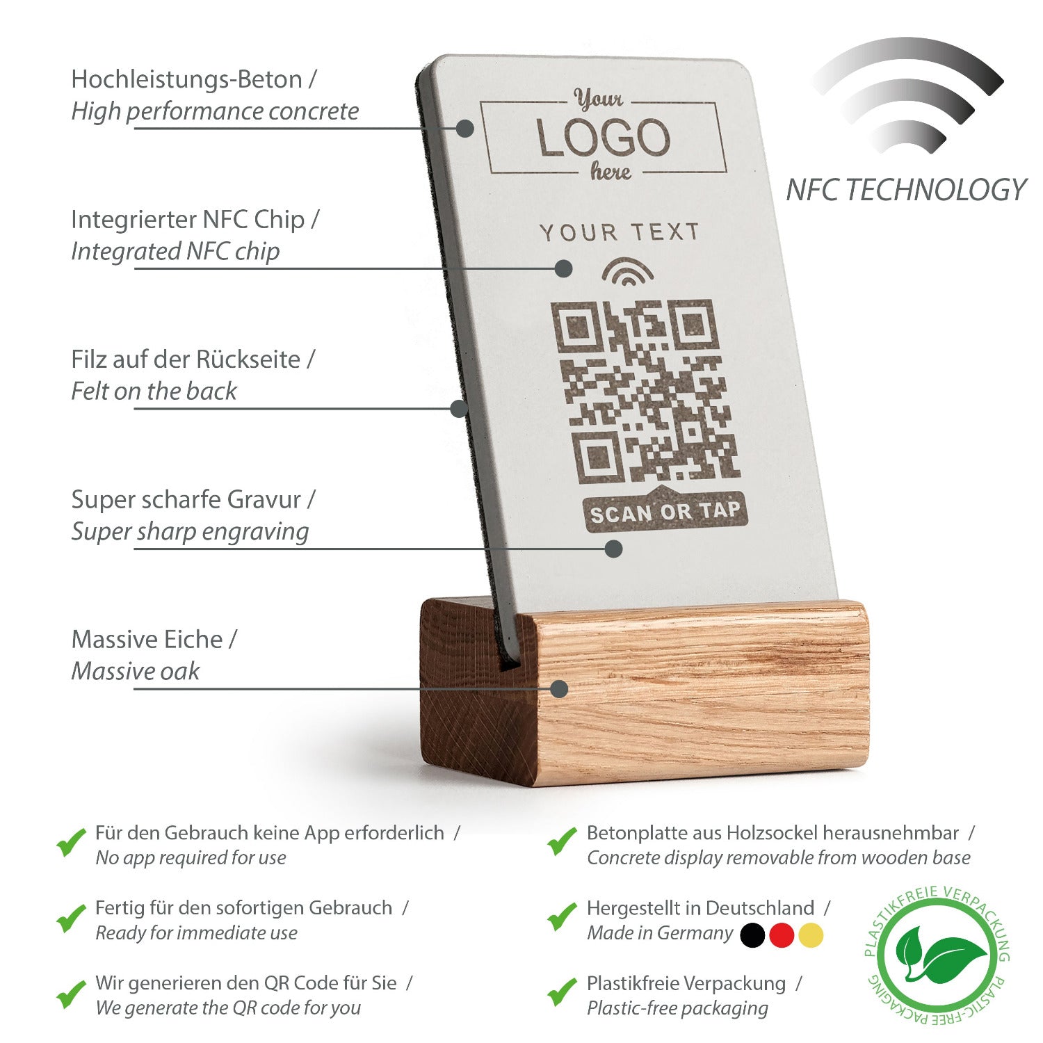 Umfassende Produktübersicht über die Eigenschaften des NFC Aufstellers von brique, dem Marketingtool aus Beton und Eiche.