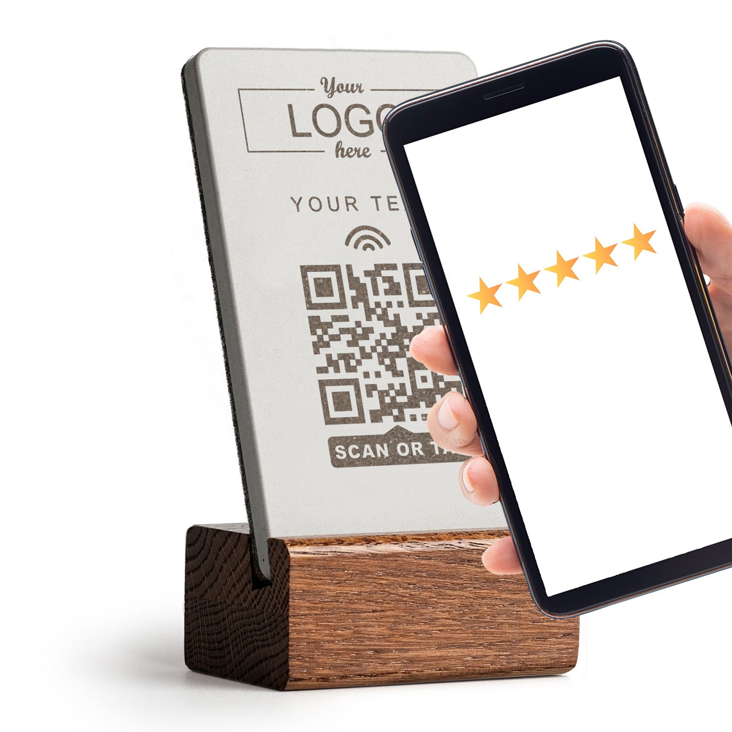 Smartphone an den brique NFC Aufsteller halten und es öffnet sich der gespeicherte Link. Der Aufsteller ist individuell gestaltbar.