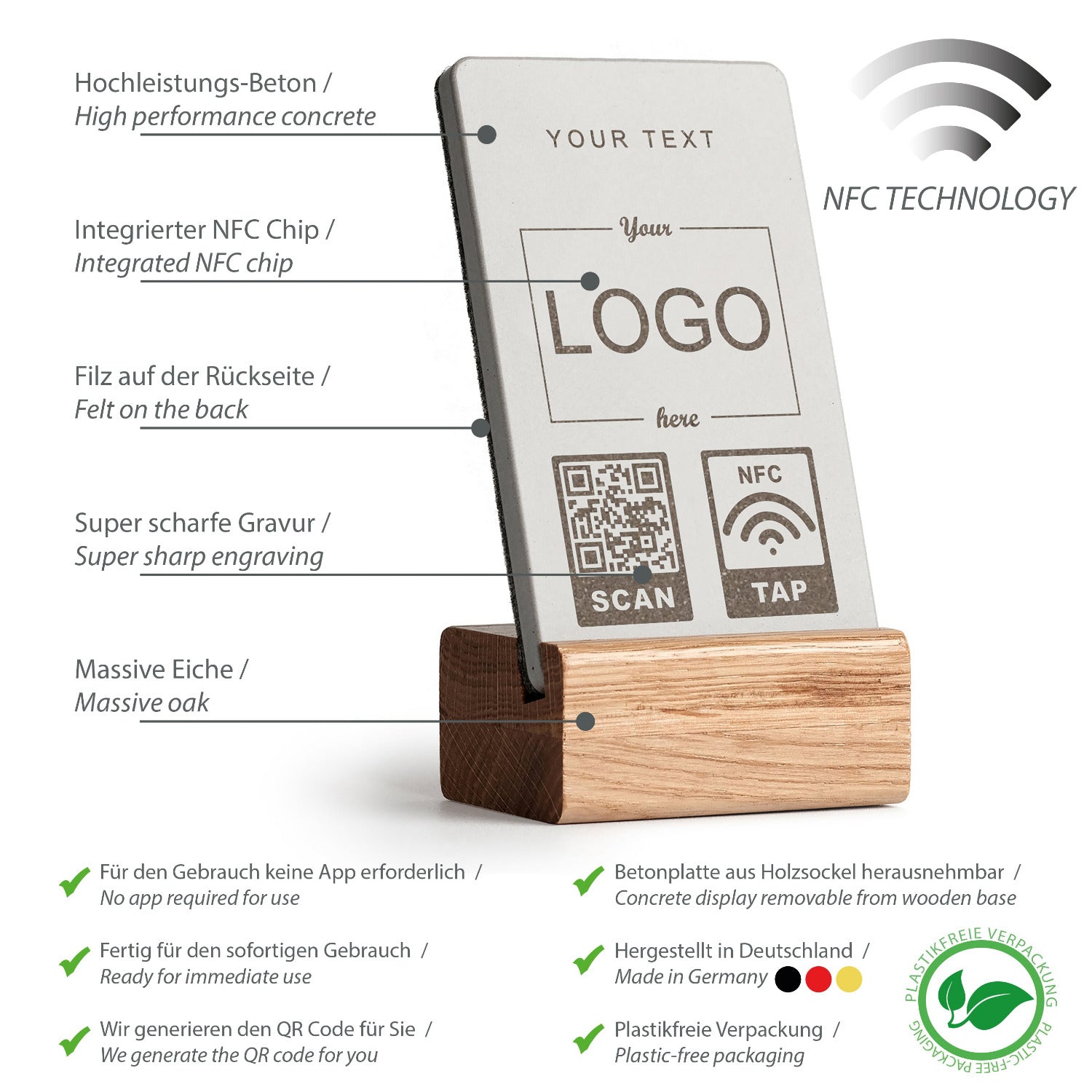 Umfassende Produktübersicht über die Eigenschaften des NFC Aufstellers von brique, dem Marketingtool aus Beton und Holzfuß aus Eiche.