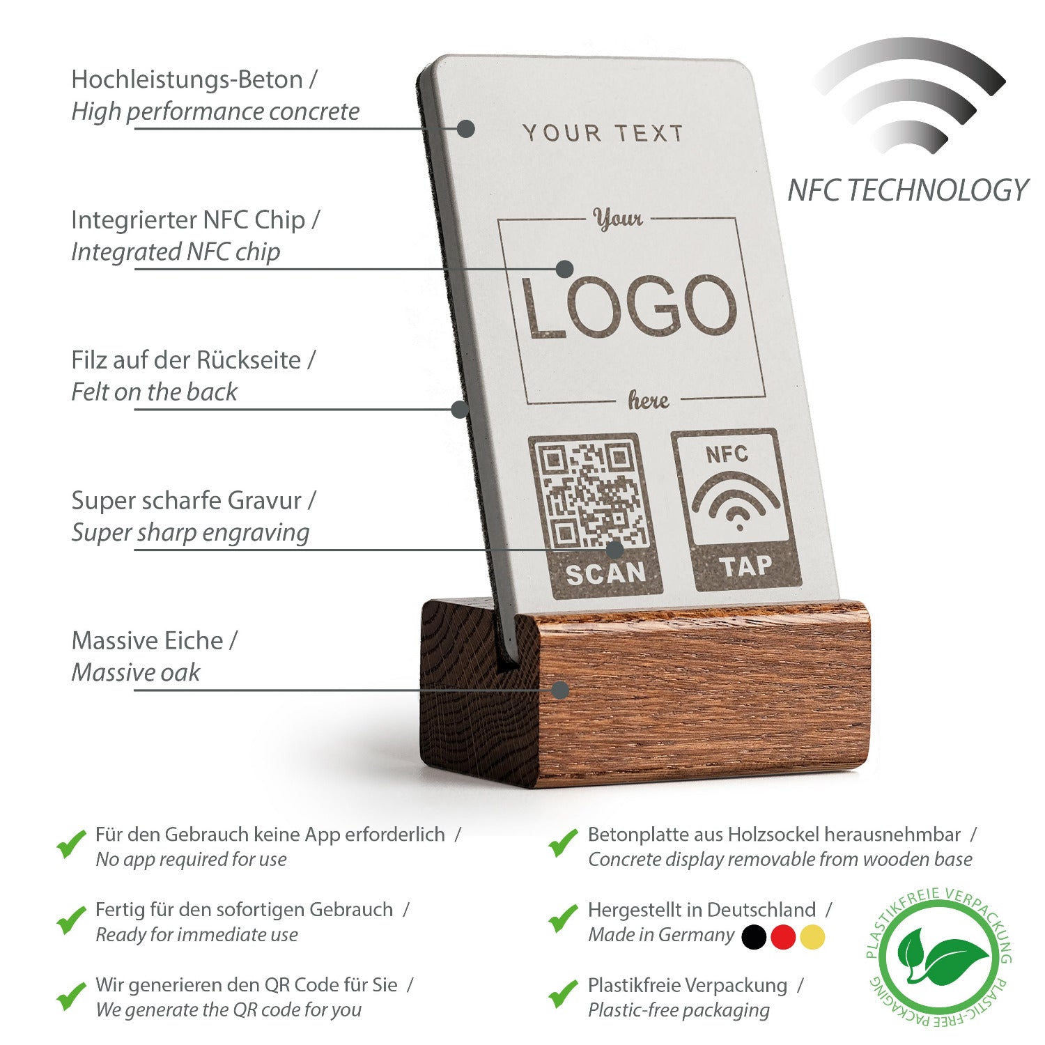 Produktübersicht über die vielfältigen Eigenschaften des NFC Aufstellers von brique, dem Marketingtool aus Beton.