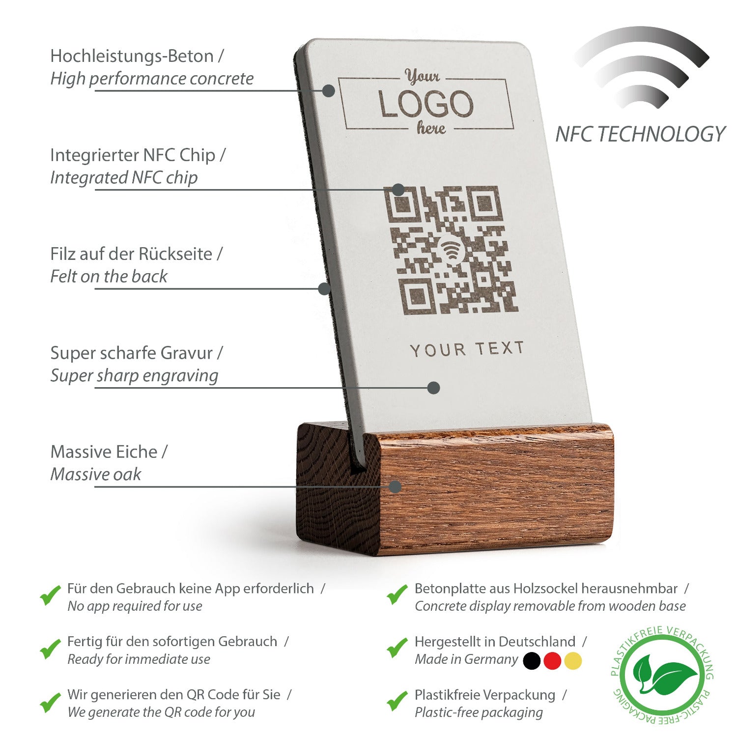 Produktübersicht über die Produkteigenschaften des NFC Aufstellers von brique, dem Marketingtool aus Beton und Eiche.