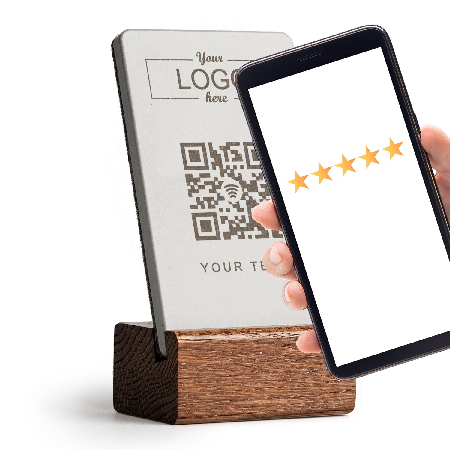 Smartphone an den brique NFC Bewertung Aufsteller halten und es öffnet sich der gespeicherte Link. Der Aufsteller ist nach Ihren Wünschen gestaltbar.