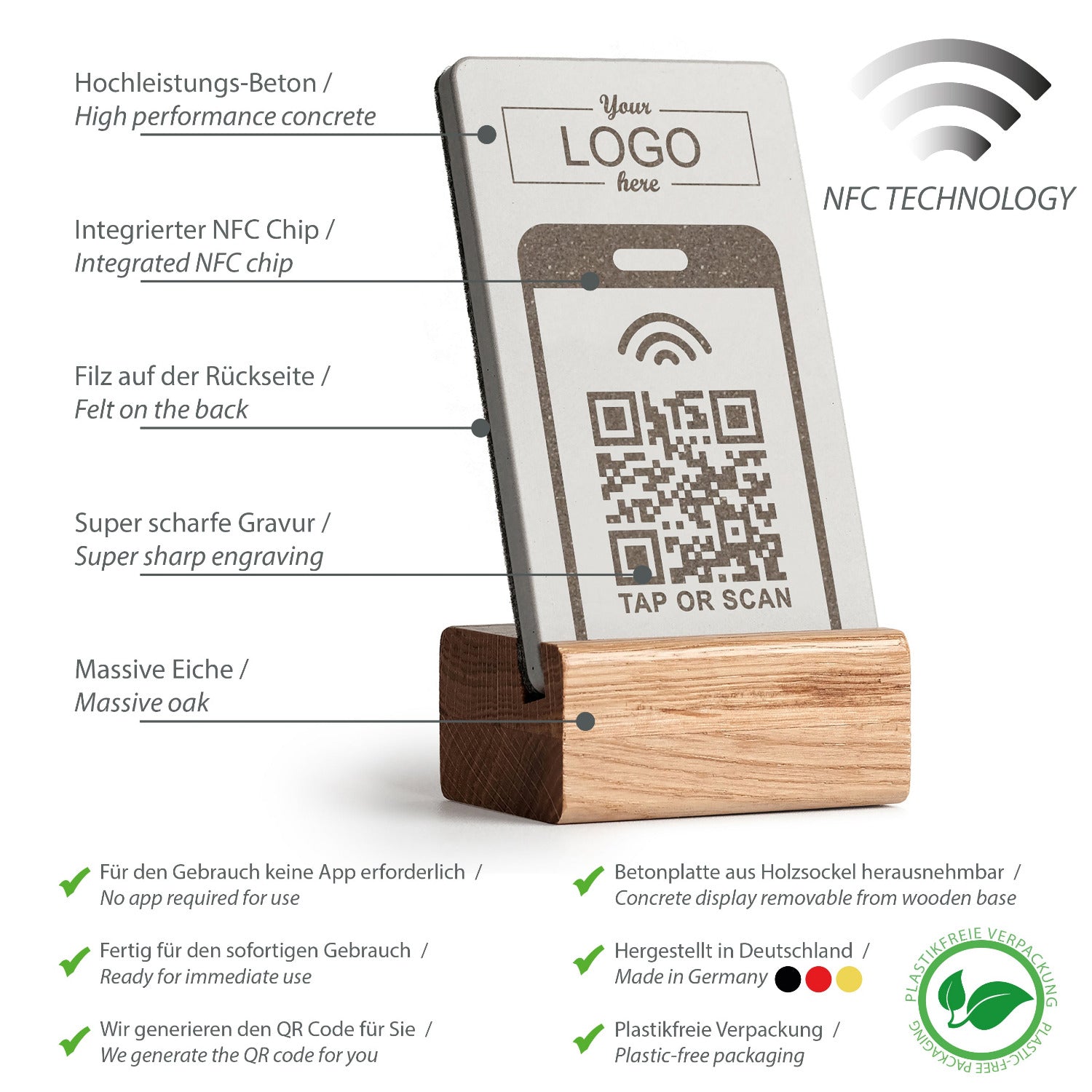 Umfassende Produktübersicht über die Eigenschaften des NFC Aufstellers von brique, dem Marketingtool aus Beton.