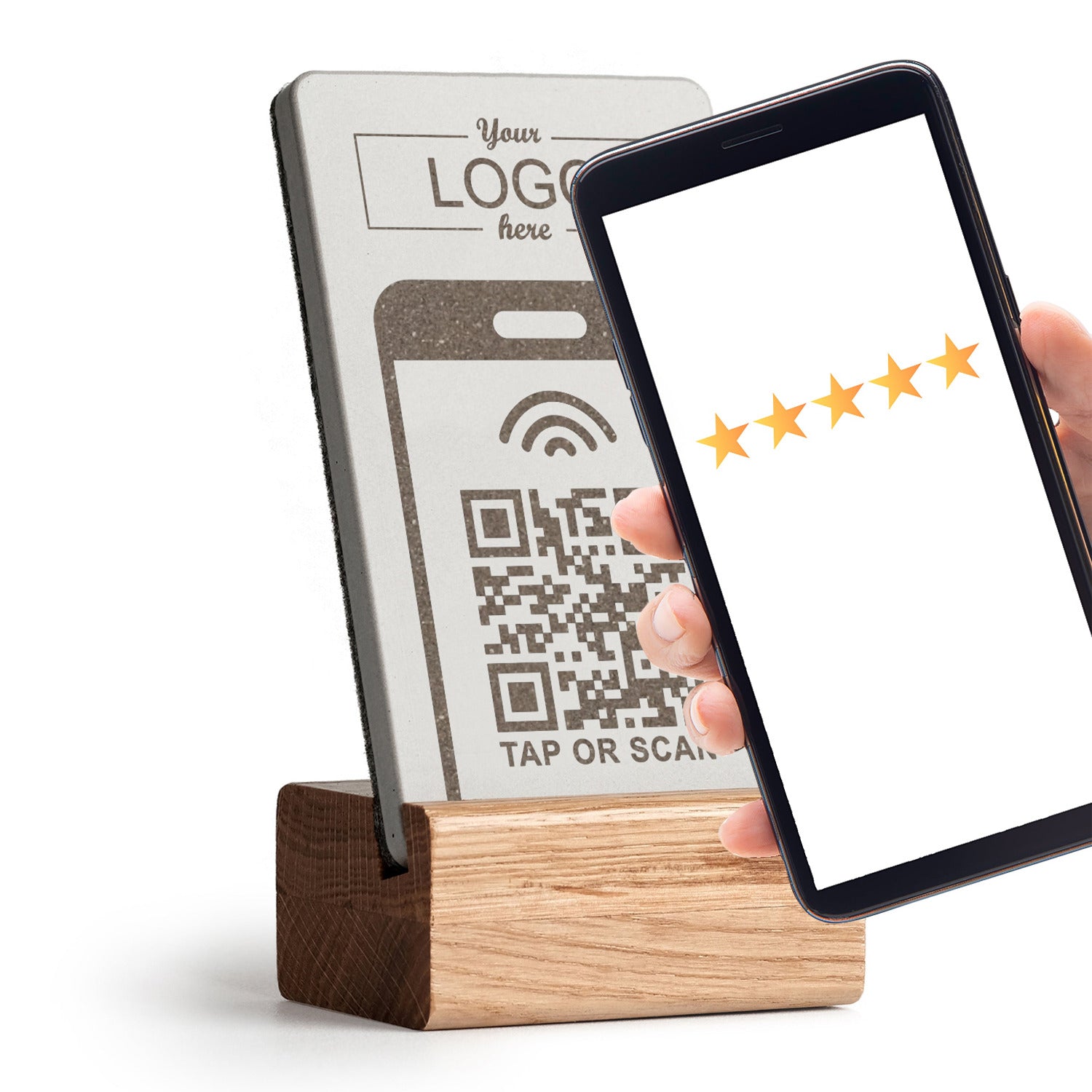 Smartphone an den brique NFC Aufsteller halten und es öffnet sich der gespeicherte Link. Der Aufsteller ist individuell gestaltbar.