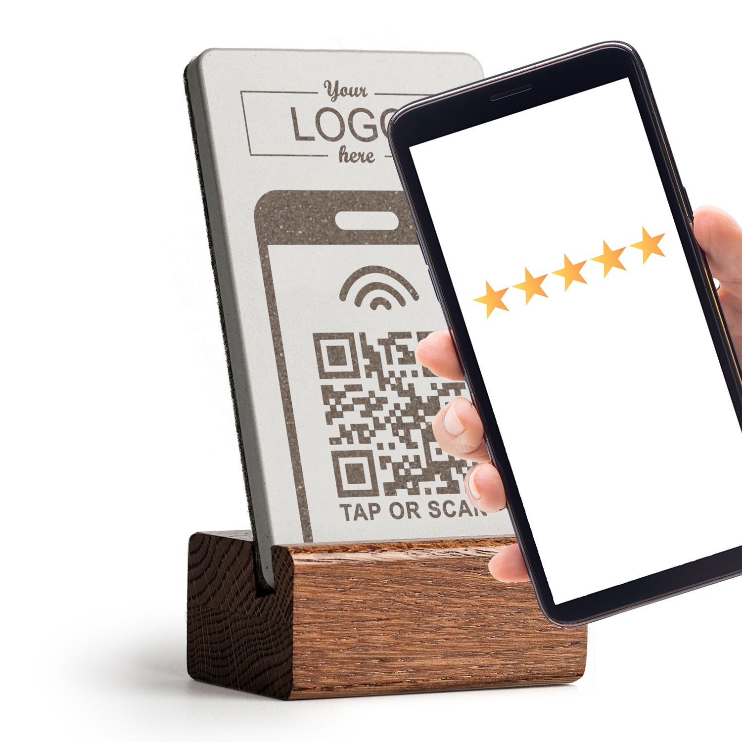 Smartphone an den brique NFC Bewertung Aufsteller halten und es öffnet sich der gespeicherte Link. Der Aufsteller ist individuell gestaltbar.