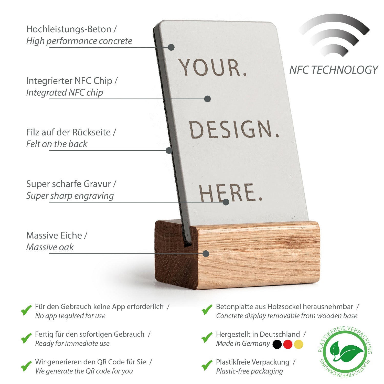 Produktübersicht über die Eigenschaften des NFC Aufstellers von brique, dem Marketingtool aus Beton und solider Eiche.