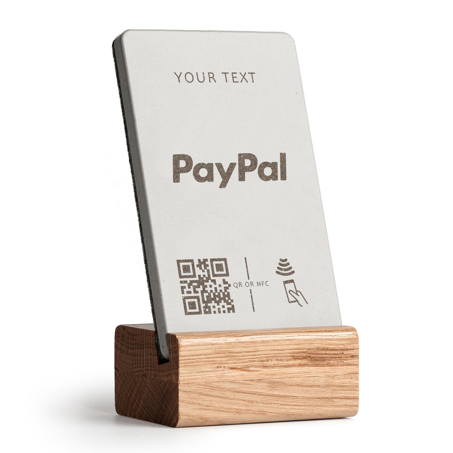 brique NFC Aufsteller mit QR Code PayPal mit Holzfuß aus heller Eiche.
