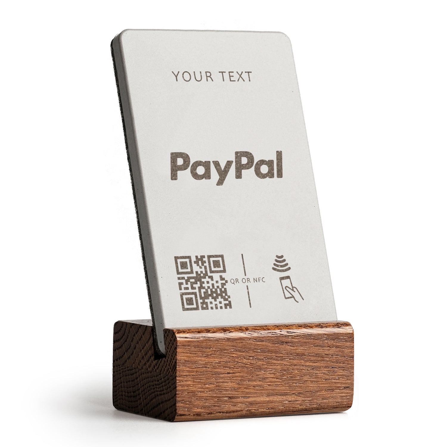 brique NFC Aufsteller mit QR Code PayPal mit Holzfuß aus dunkler Eiche.
