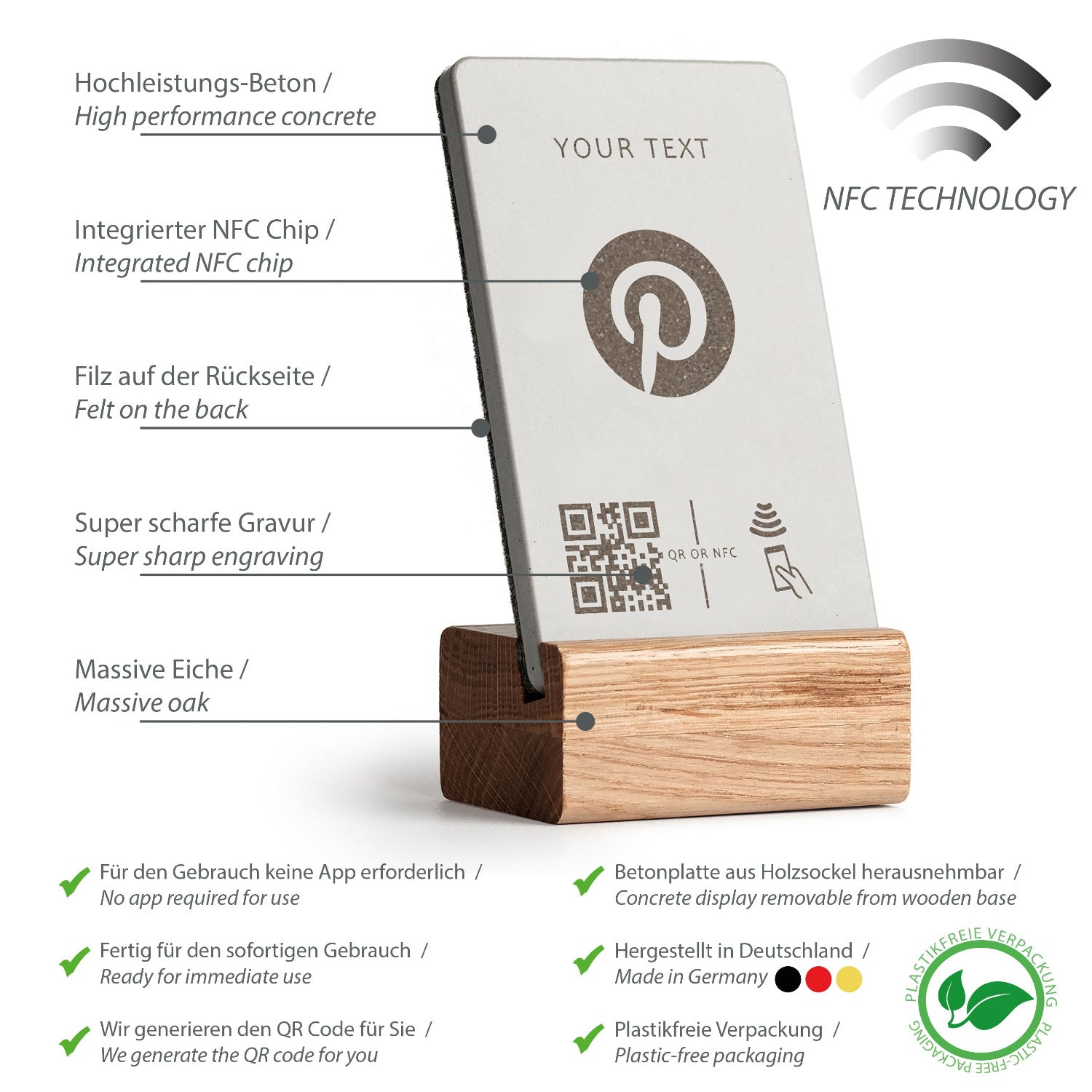 Umfassende Produktübersicht über die Eigenschaften des NFC Aufstellers von brique, dem Marketingtool aus Beton und Eiche.