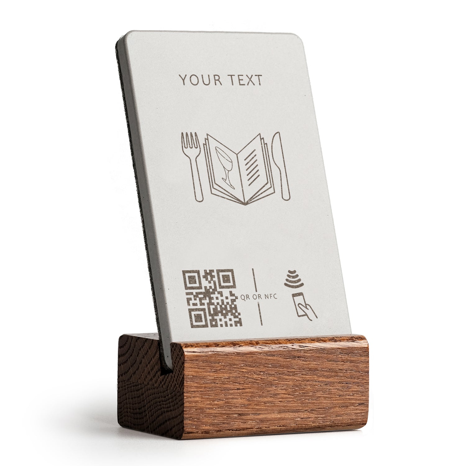 brique NFC Aufsteller mit QR Code Speisekarte mit Holzfuß aus dunkler Eiche.
