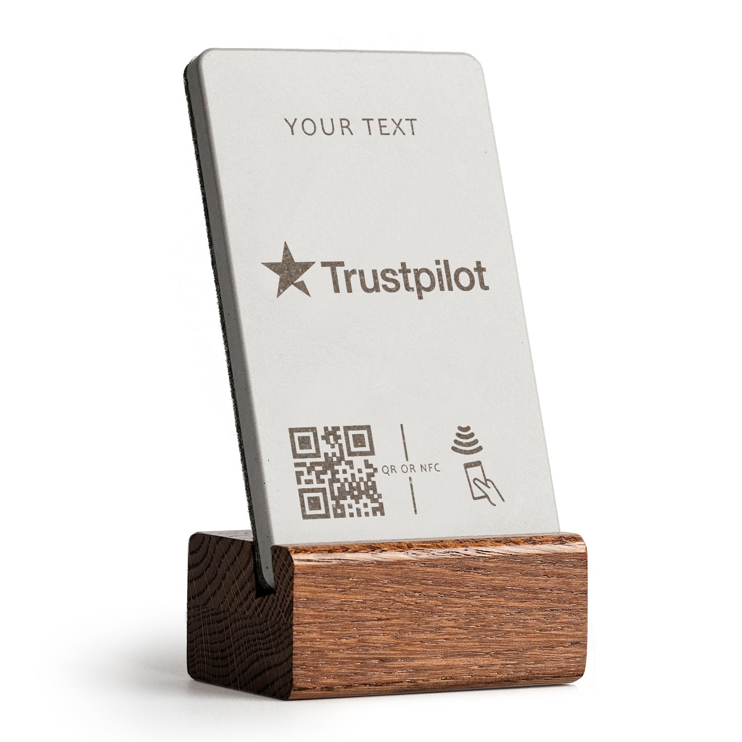 brique NFC Aufsteller mit QR Code Trustpilot mit Holzfuß aus dunkler Eiche.