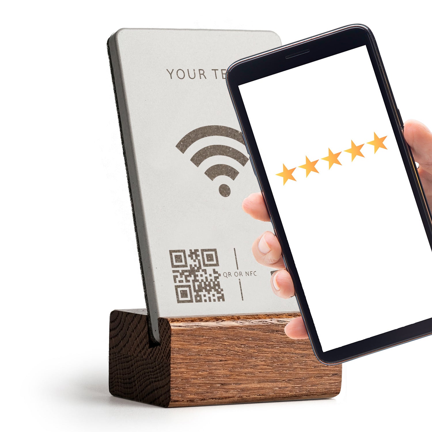 Ihr Smartphone an den brique NFC Aufsteller halten und unmittelbar öffnet sich Ihr WLAN Zugang. Mit Holzfuß aus dunkler Eiche.