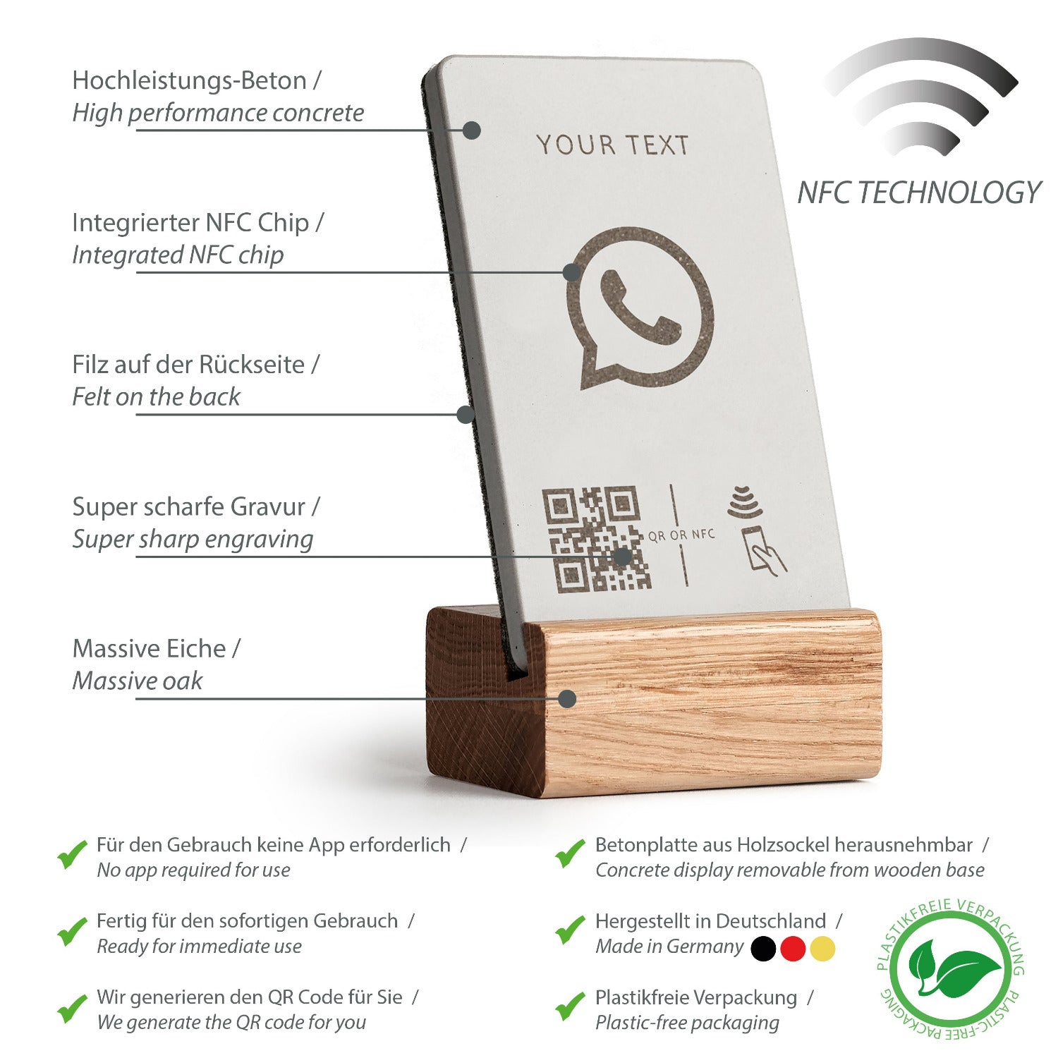 Umfassende Produktübersicht über die Eigenschaften des NFC Aufstellers von brique, dem Marketingtool aus Beton und Eiche.