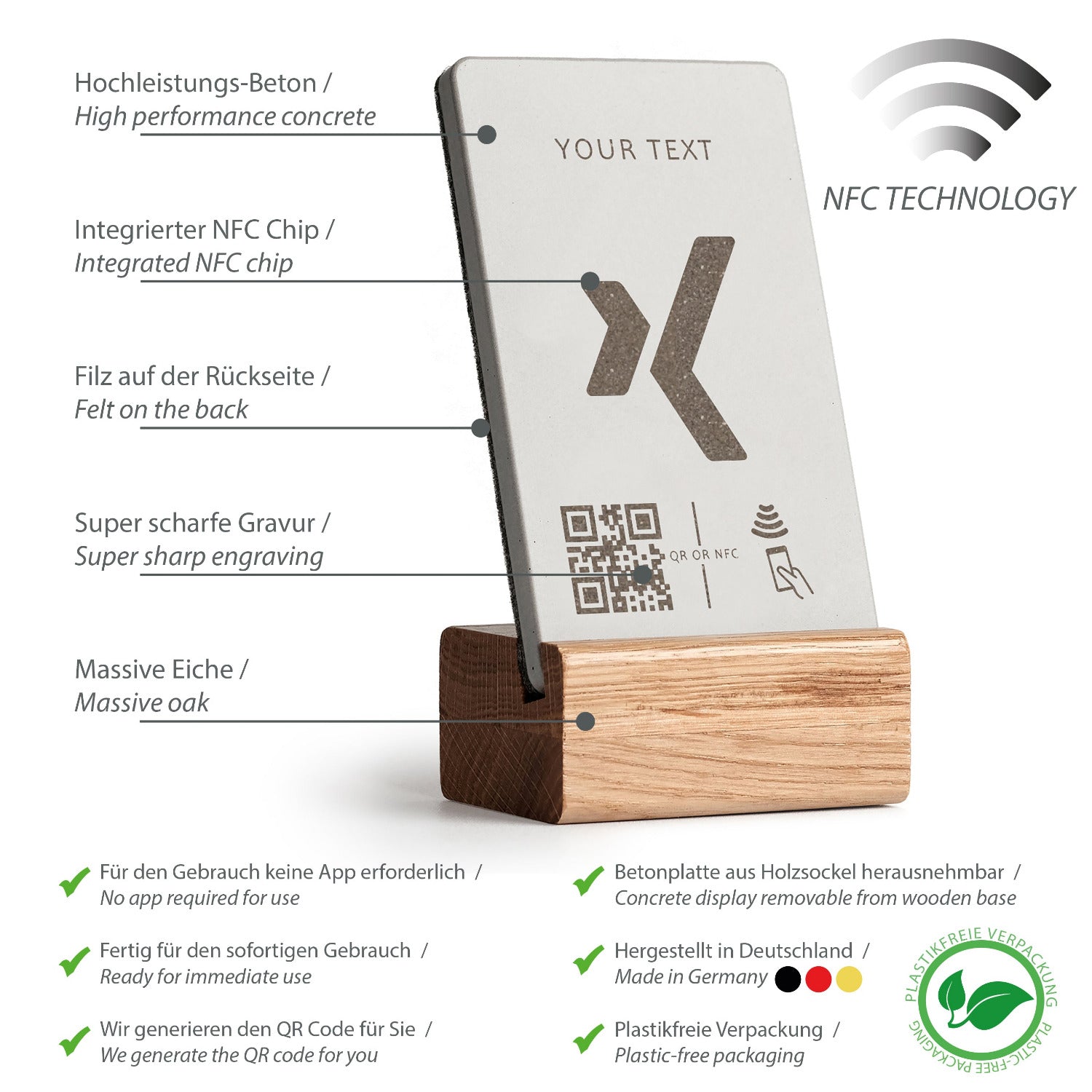 Umfassende Produktübersicht über die Eigenschaften des NFC Aufstellers von brique, dem Marketingtool aus Beton und Eiche.