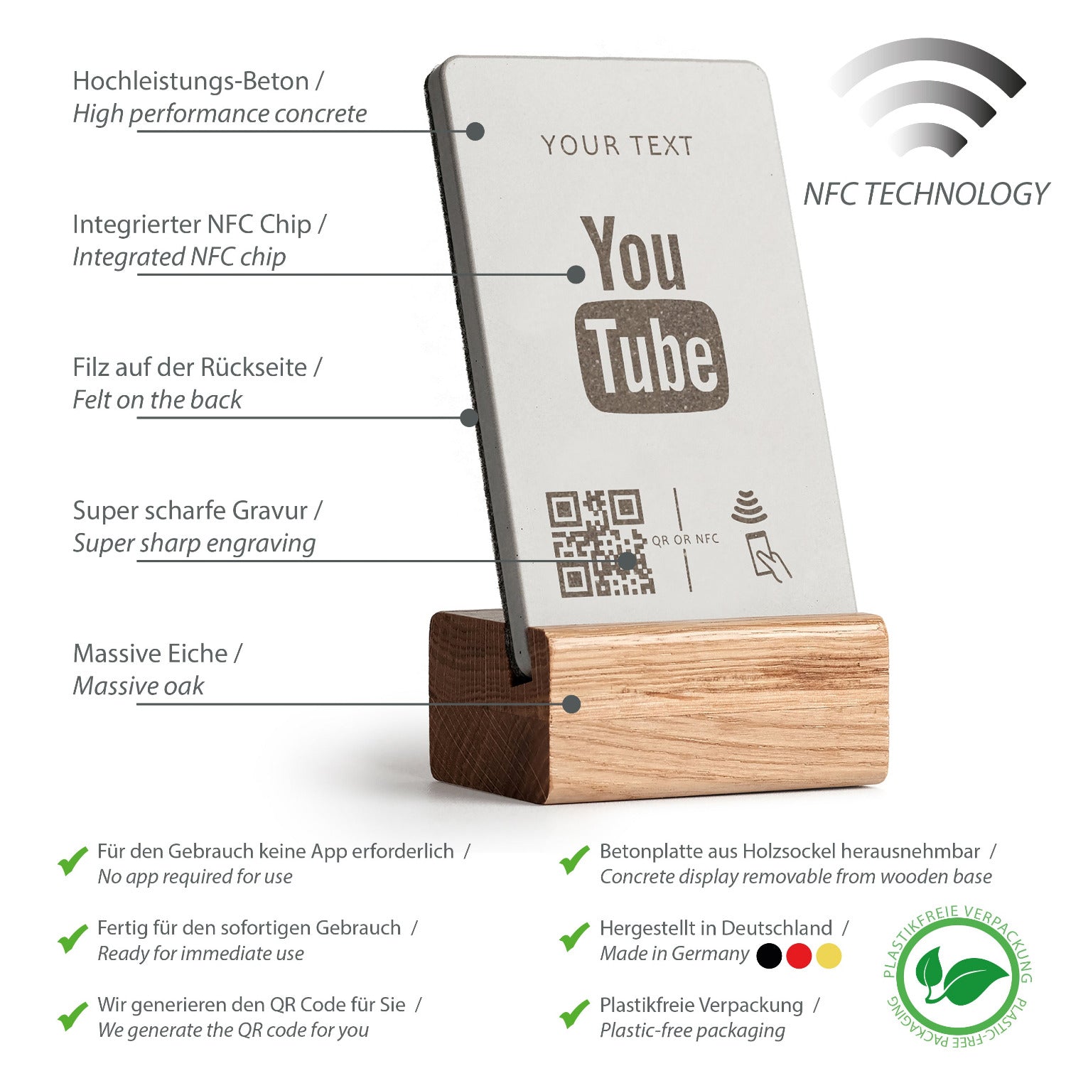 Umfassende Produktübersicht über die Eigenschaften des NFC Aufstellers von brique, dem Marketingtool aus Beton und Eiche.