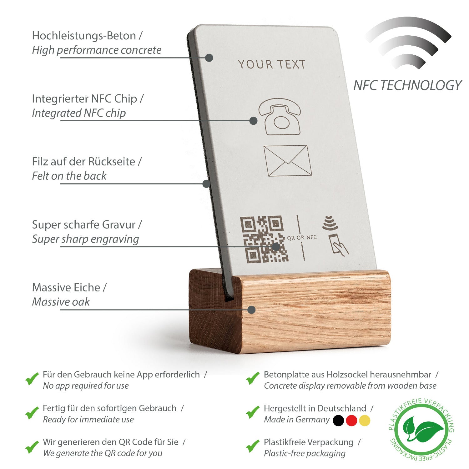 Umfassende Produktübersicht über die Eigenschaften des NFC Aufstellers von brique, dem Marketingtool aus Beton und Eiche.