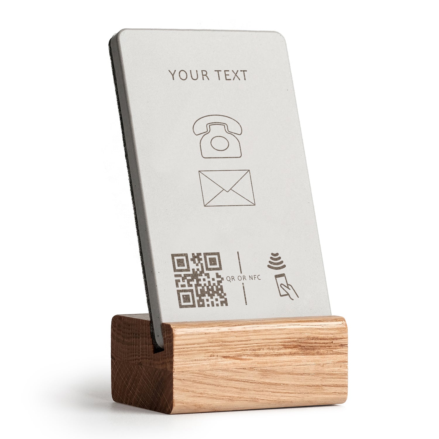 brique NFC Aufsteller mit QR Code digitale Visitenkarte mit Holzfuß aus heller Eiche.