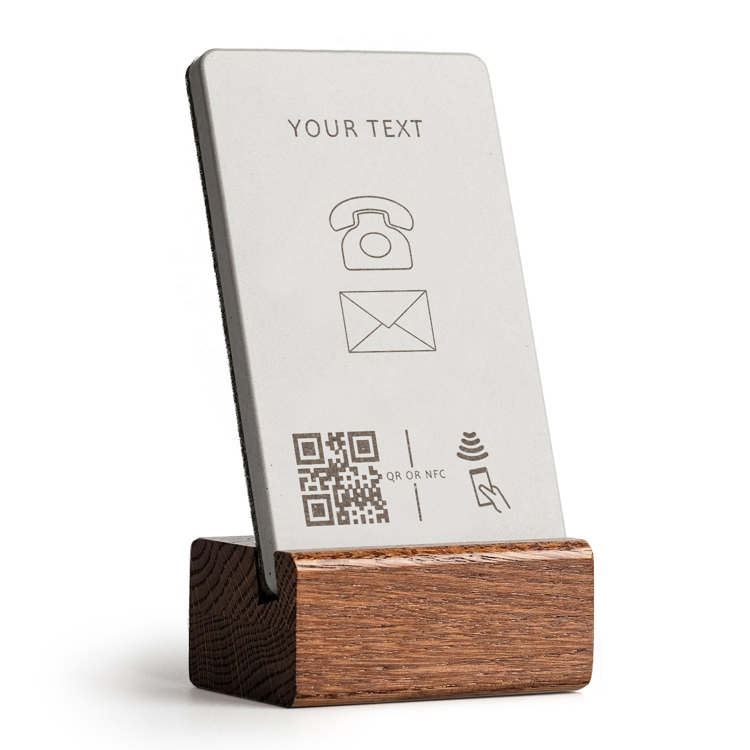 brique NFC Aufsteller mit QR Code digitale Visitenkarte mit Holzfuß aus dunkler Eiche.