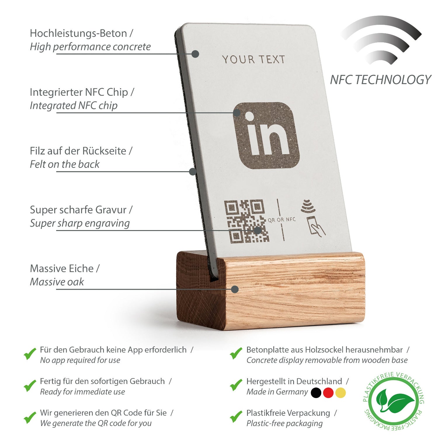 Umfassende Produktübersicht über die Eigenschaften des NFC Aufstellers von brique, dem Marketingtool aus Beton und Eiche.