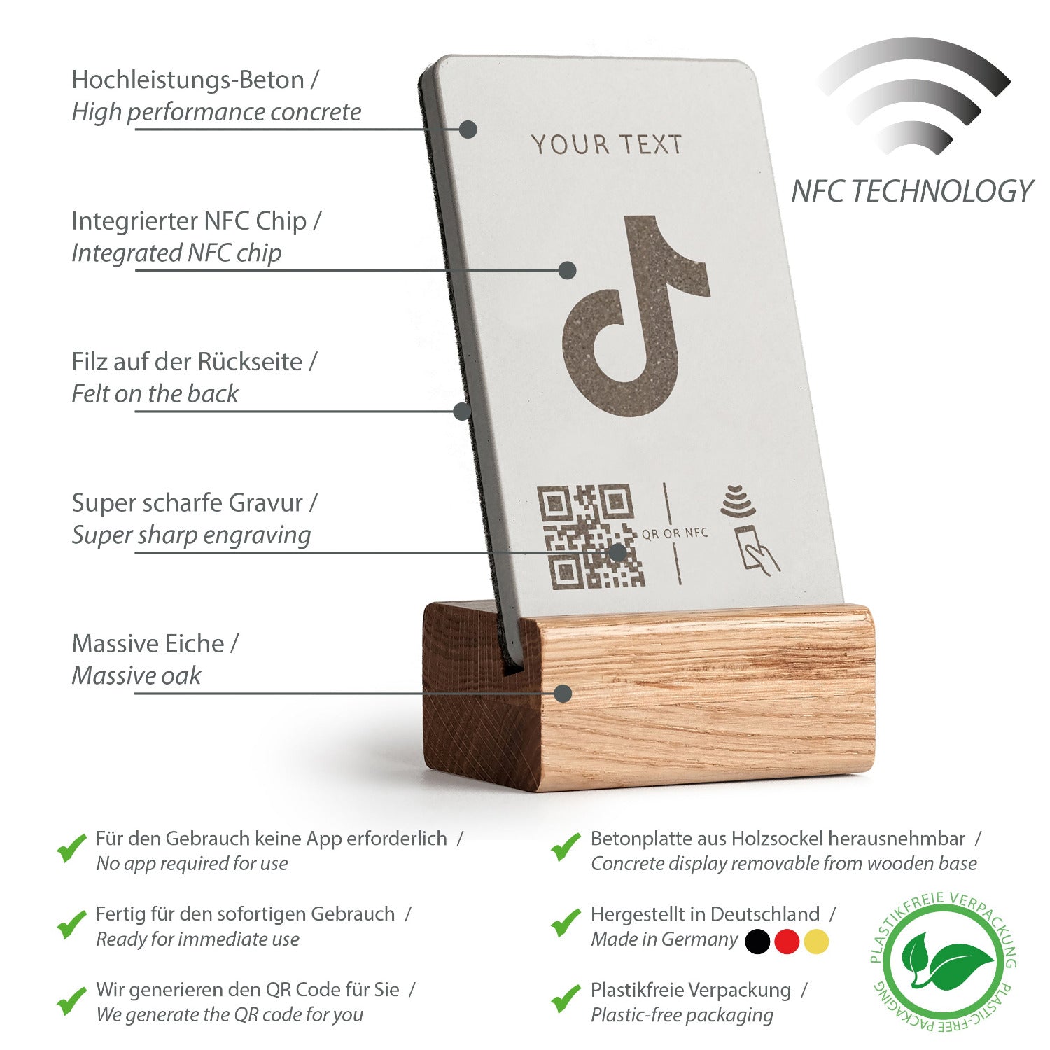 Umfassende Produktübersicht über die Eigenschaften des NFC Aufstellers von brique, dem Marketingtool aus Beton und Eiche.