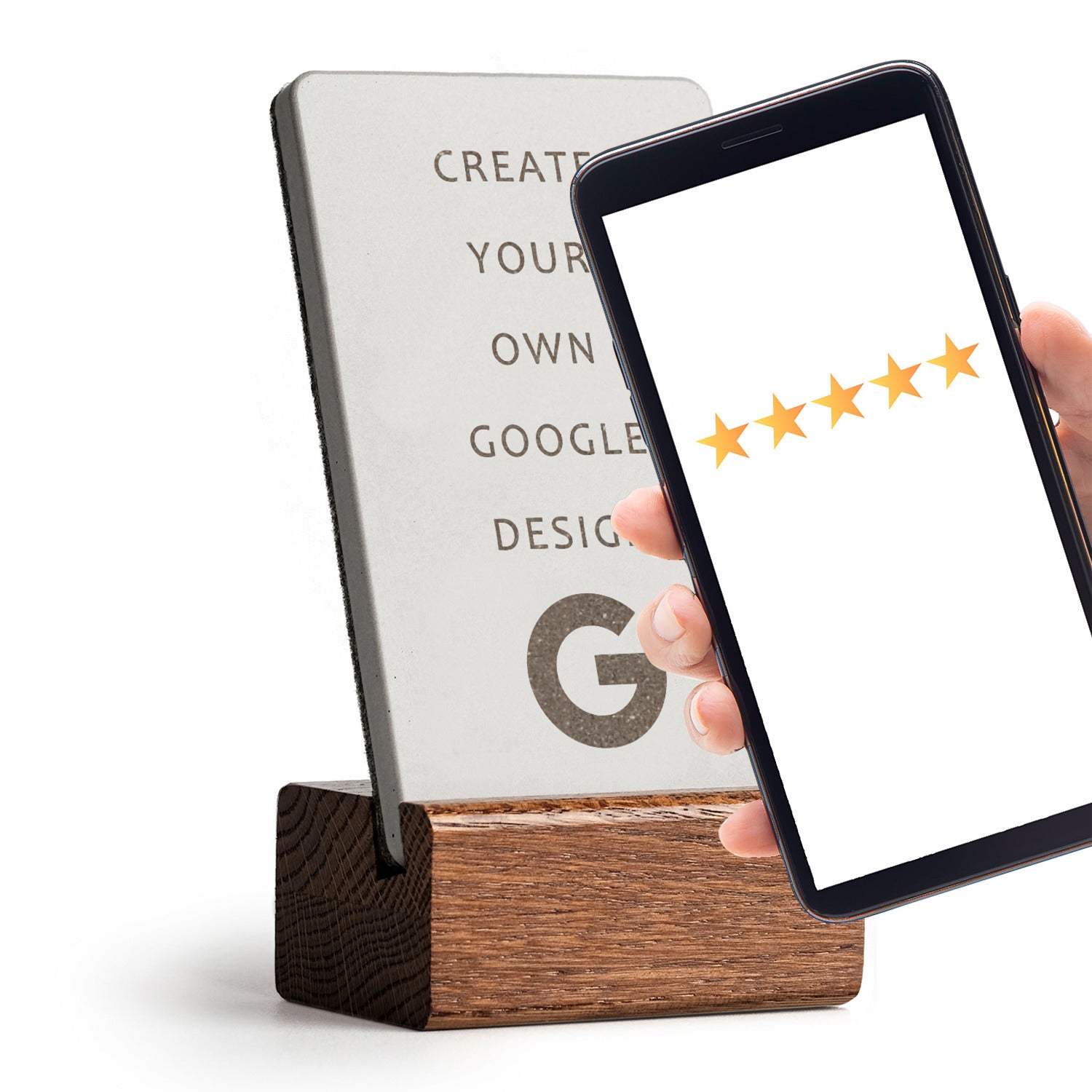 Smartphone an den individualisierbaren Google NFC Bewertung Aufsteller von brique halten und es öffnet sich die Google Review Page.