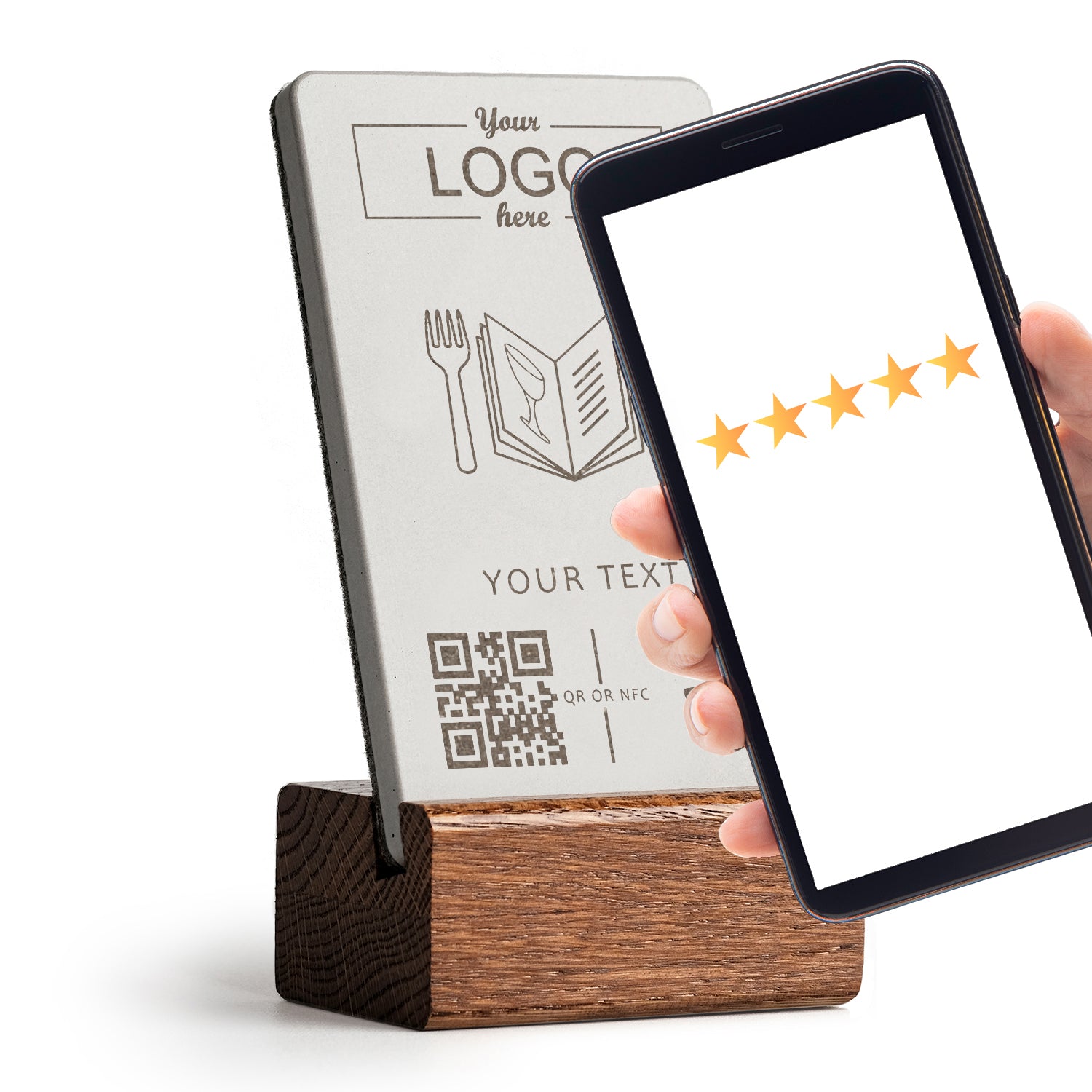 Halten Sie Ihr Handy an den NFC Aufsteller, sofort öffnet sich Ihre digitale Speisekarte. Der Tischaufsteller ist mit Ihrem Logo individualisierbar.