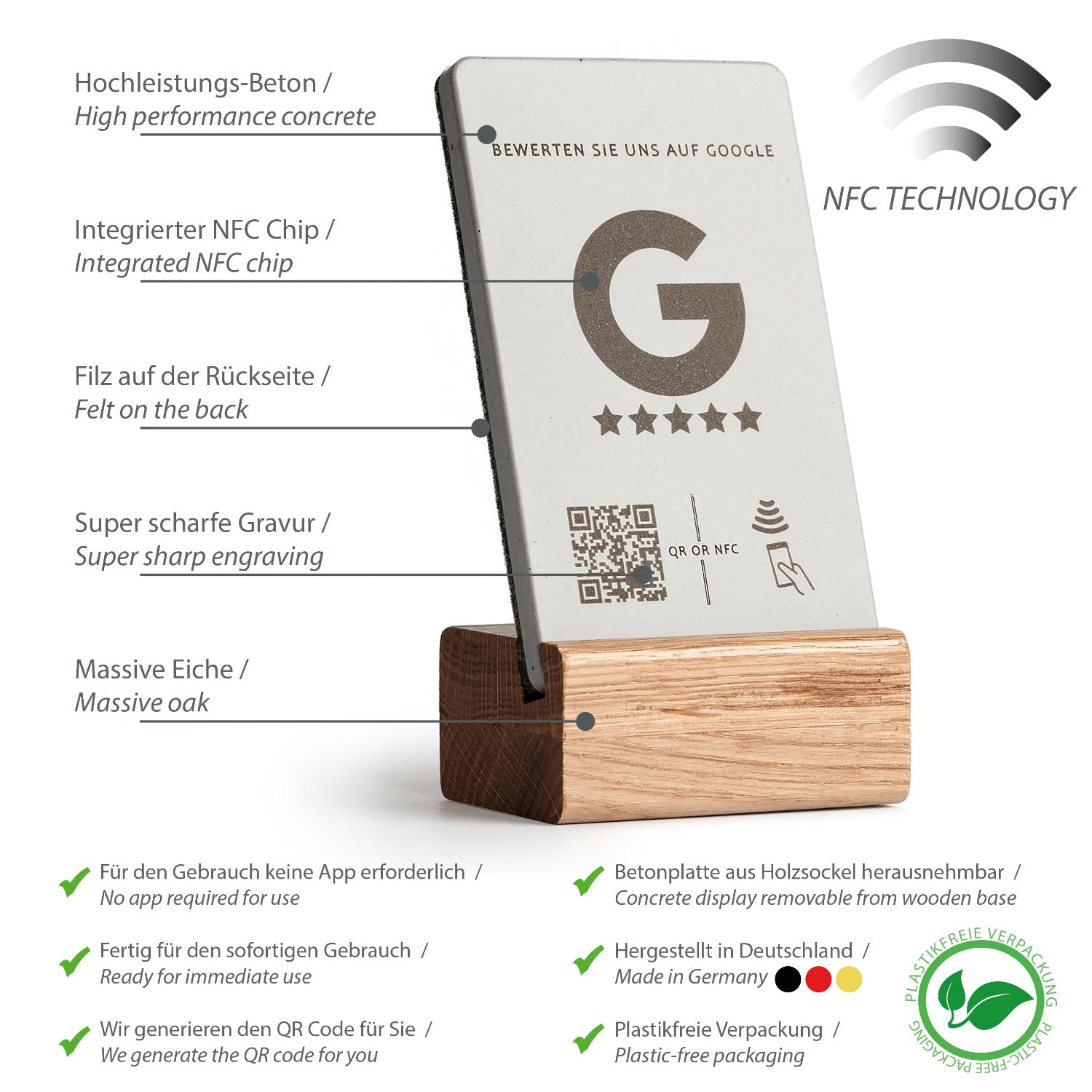 Umfassende Produktübersicht über die Eigenschaften des NFC Aufstellers von brique, dem Marketingtool aus Beton und Eiche.