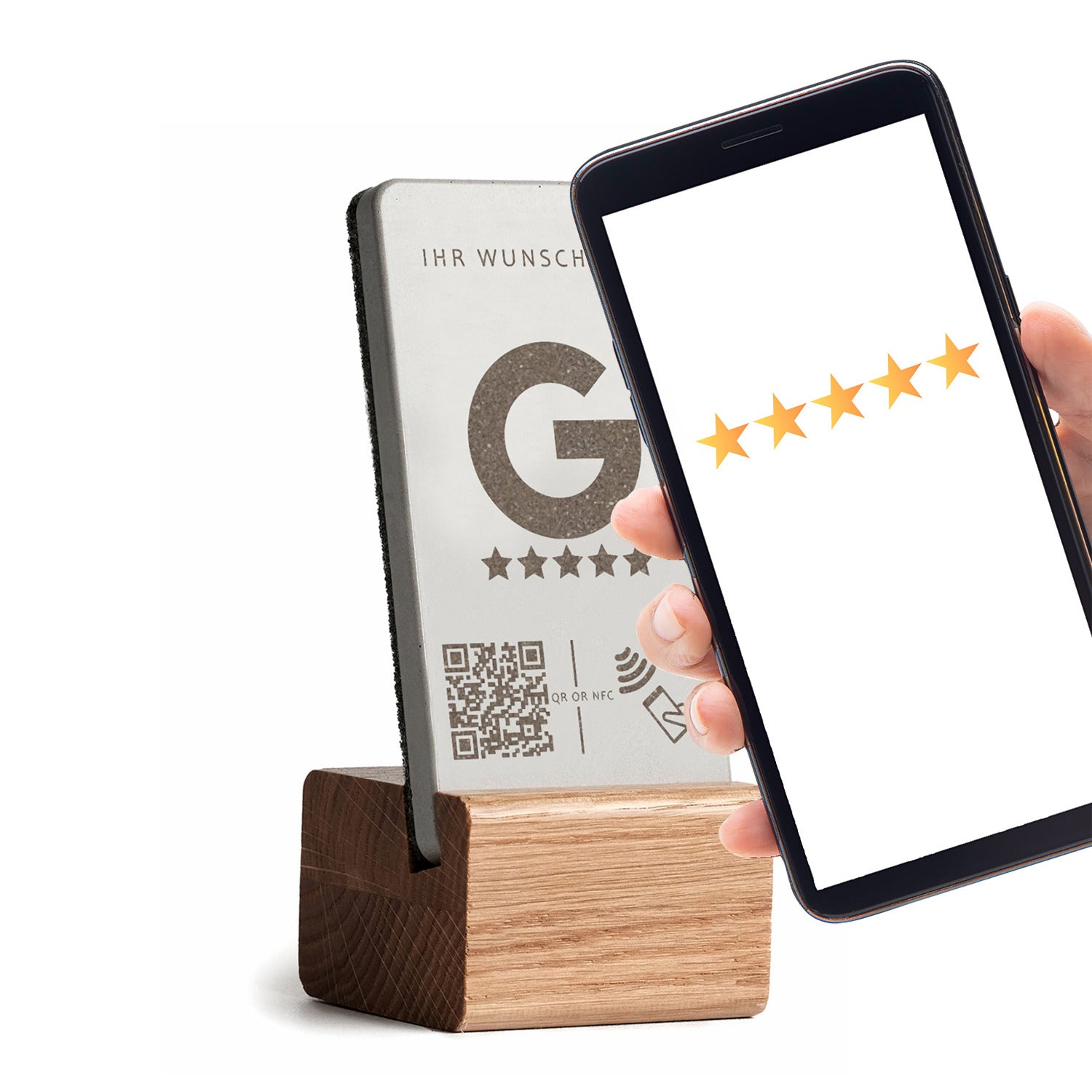 Der brique Topseller Google NFC Bewertung Aufsteller mit hellem Eichensockel leitet direkt zu Ihrer Google Review Page.