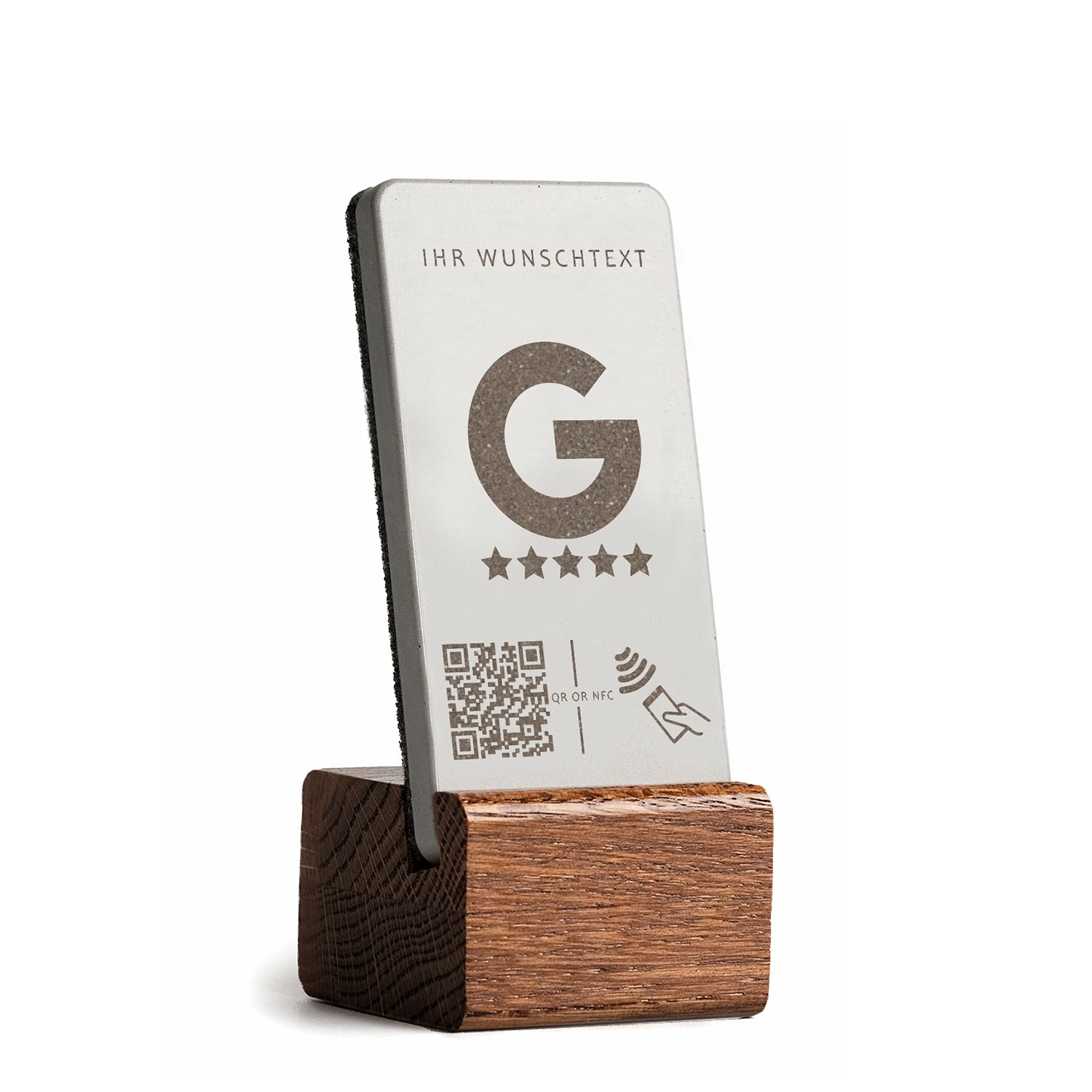 Unser Bestseller von brique: Der Google Aufsteller mit NFC und QR Code und dunklem Eichensockel. Schnell Rezensionen erhalten.
