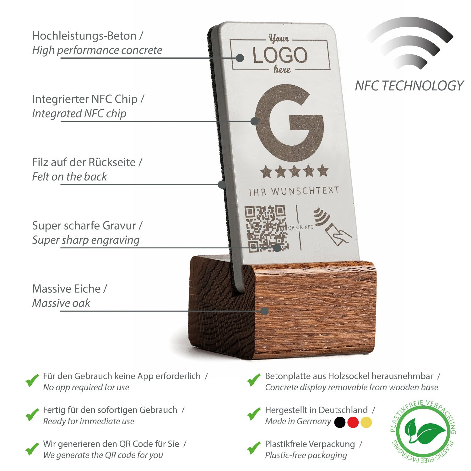 Umfassende Produktübersicht über die Eigenschaften des NFC Aufstellers von brique, dem Marketingtool aus Beton und Eiche.