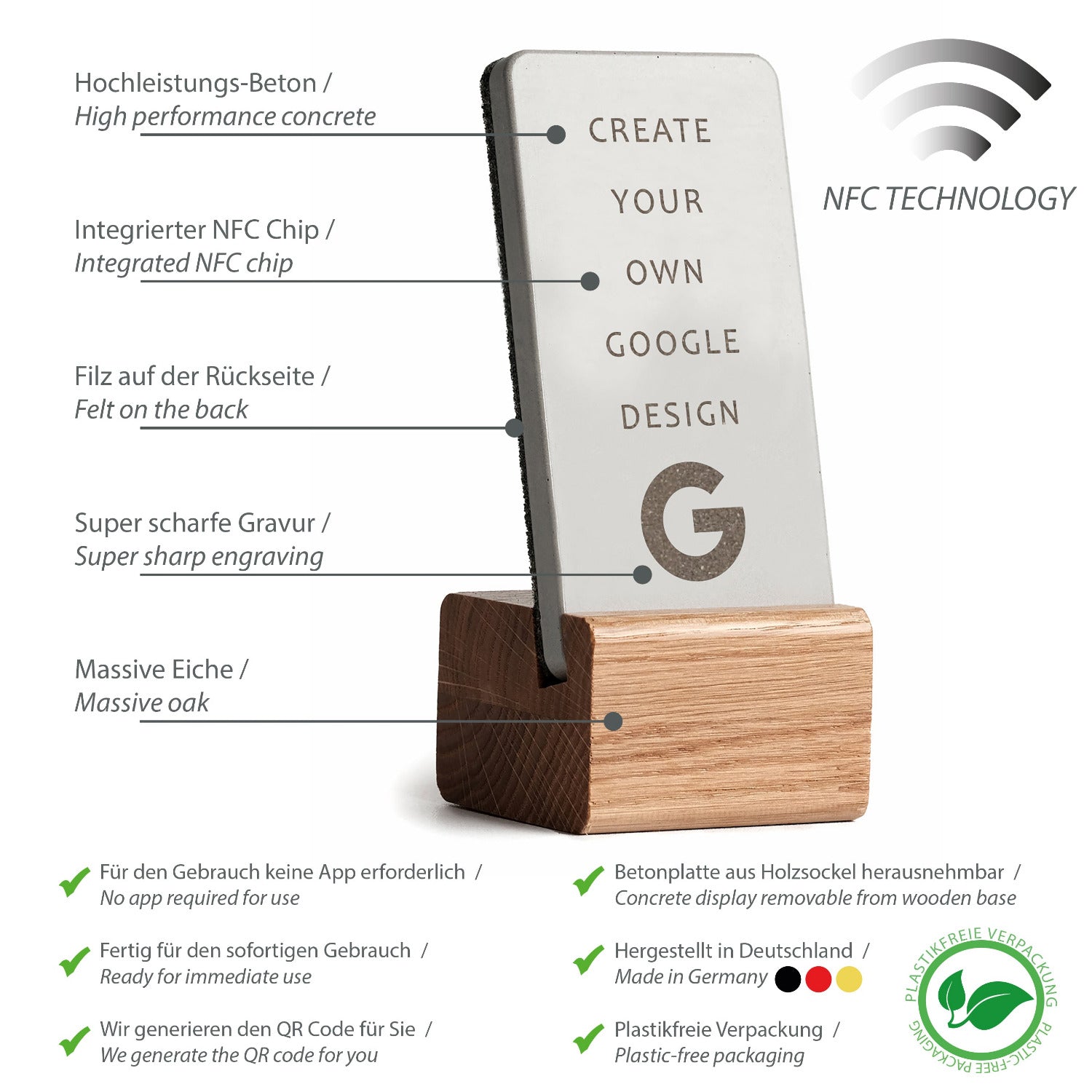 Umfassende Produktübersicht über die Eigenschaften des NFC Aufstellers von brique, dem Marketingtool aus Beton und Eiche.