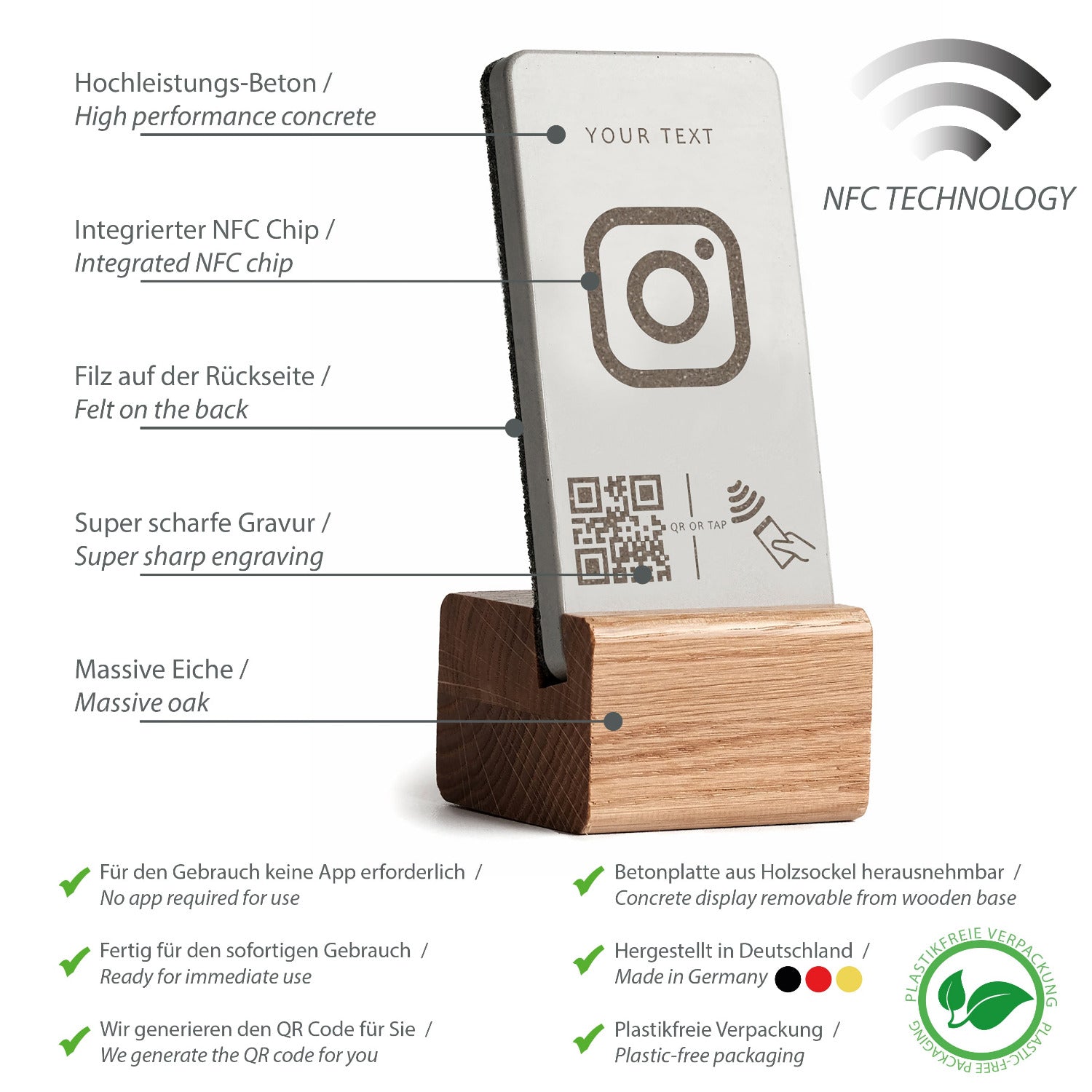 Umfassende Produktübersicht über die Eigenschaften des NFC Aufstellers von brique, dem Marketingtool aus Beton und Eiche.